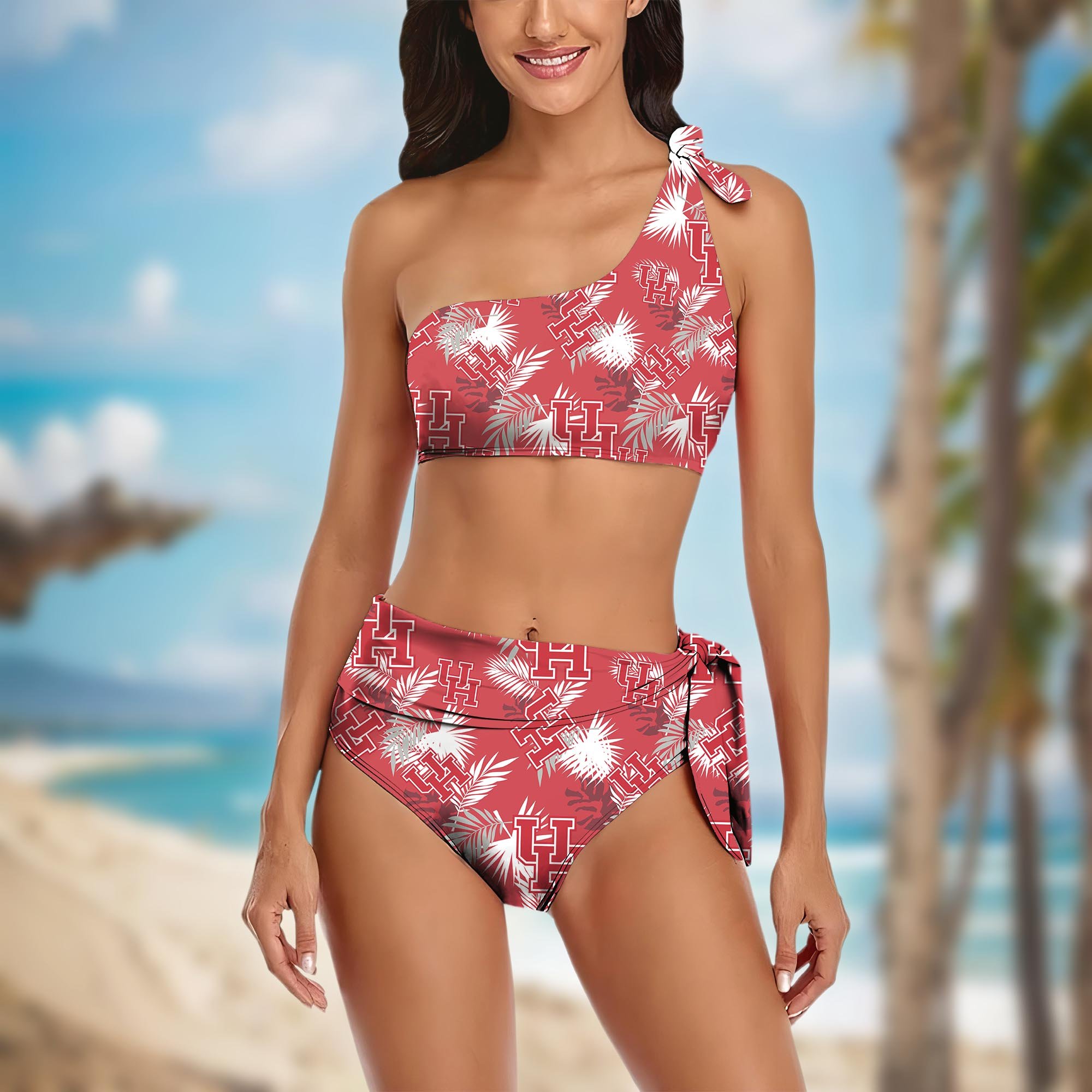 Houston Cougars Women's One-shoulder Two Piece Swimsuit Set Custom Your Name, Bikini Suit Set, Football Gift EHIVM-04011567