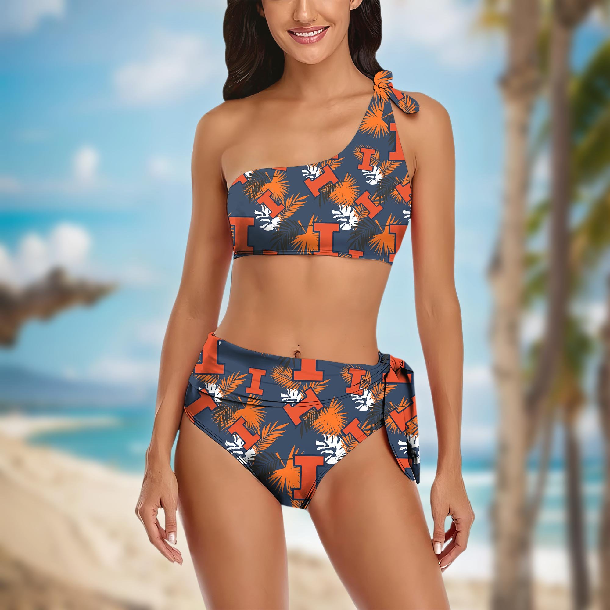 Illinois Fighting Illini Women's One-shoulder Two Piece Swimsuit Set Custom Your Name, Bikini Suit Set, Football Gift EHIVM-04011567
