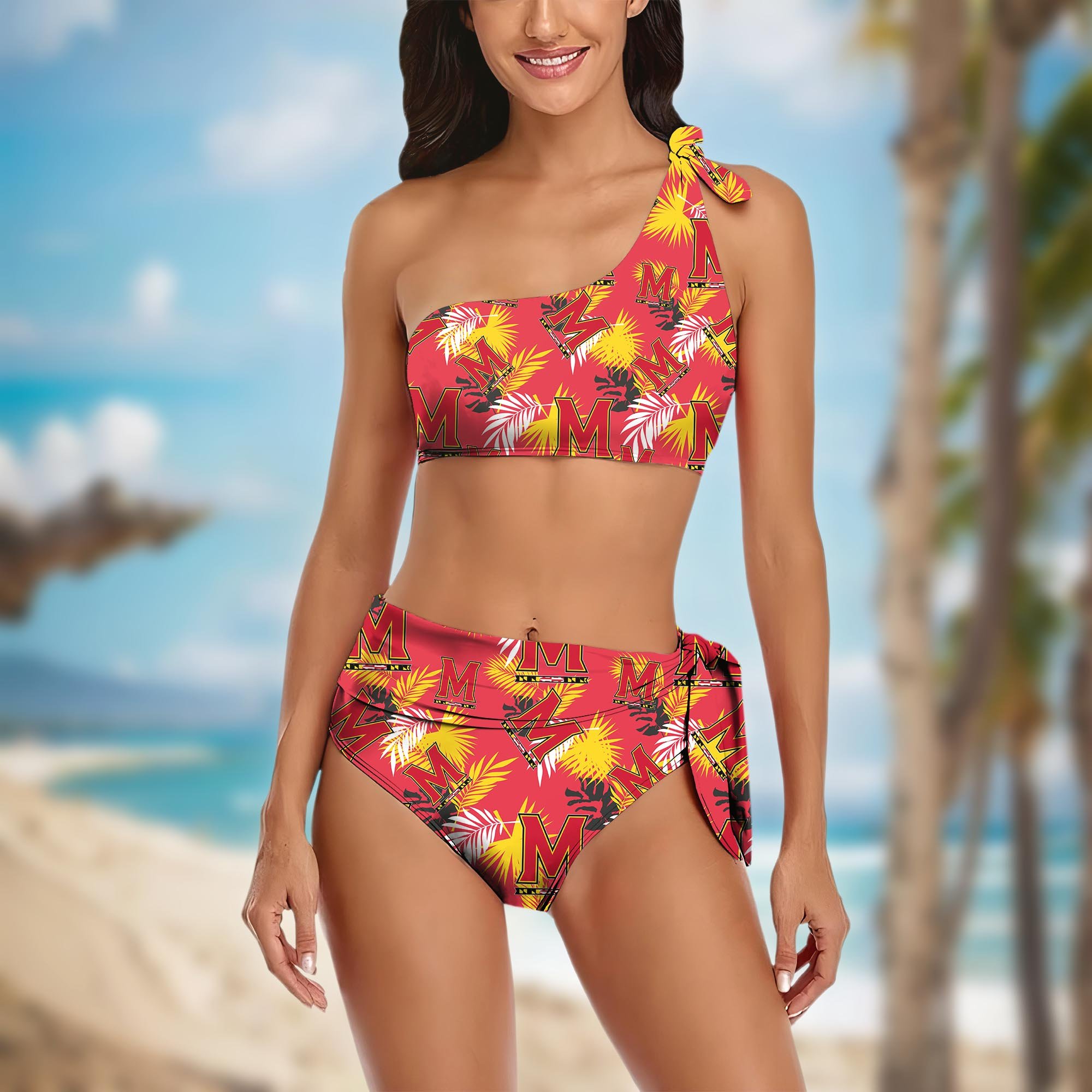 Maryland Terrapins Women's One-shoulder Two Piece Swimsuit Set Custom Your Name, Bikini Suit Set, Football Gift EHIVM-04011567