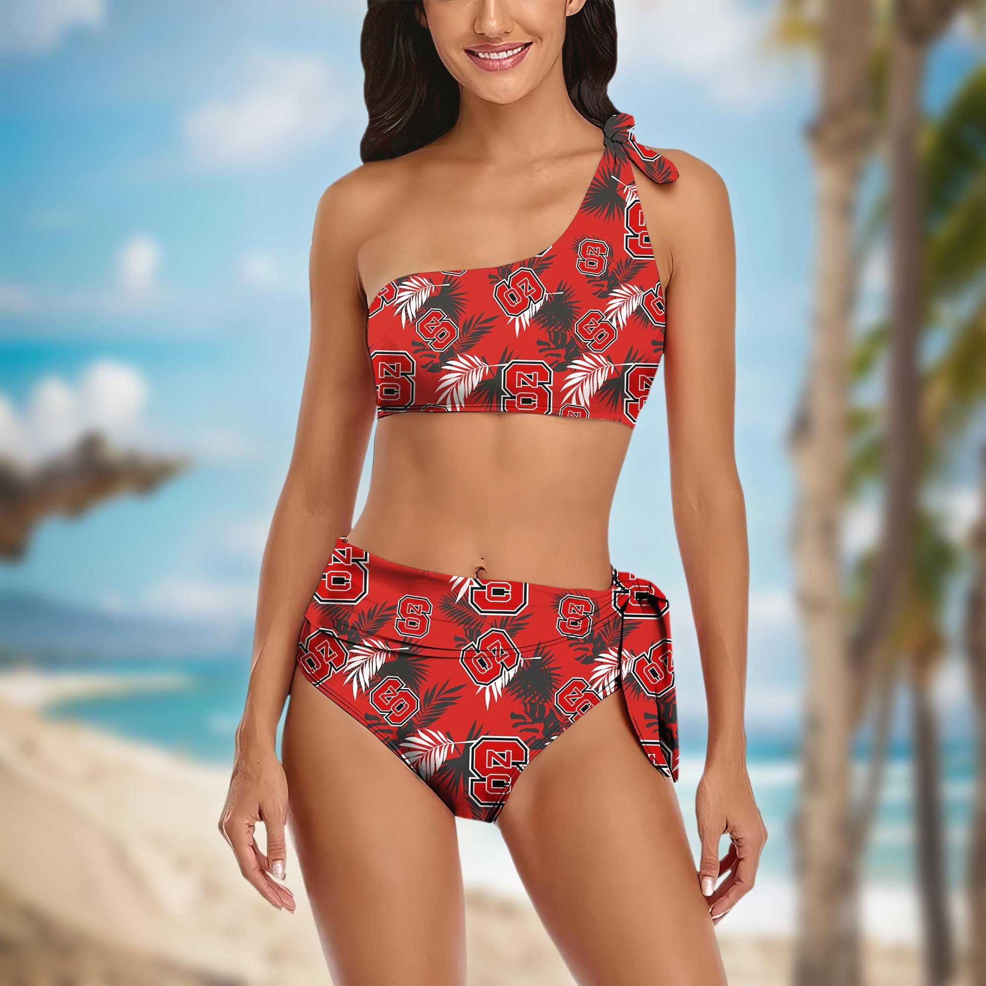 NC State Wolfpack Women's One-shoulder Two Piece Swimsuit Set Custom Your Name, Bikini Suit Set, Football Gift EHIVM-04011567