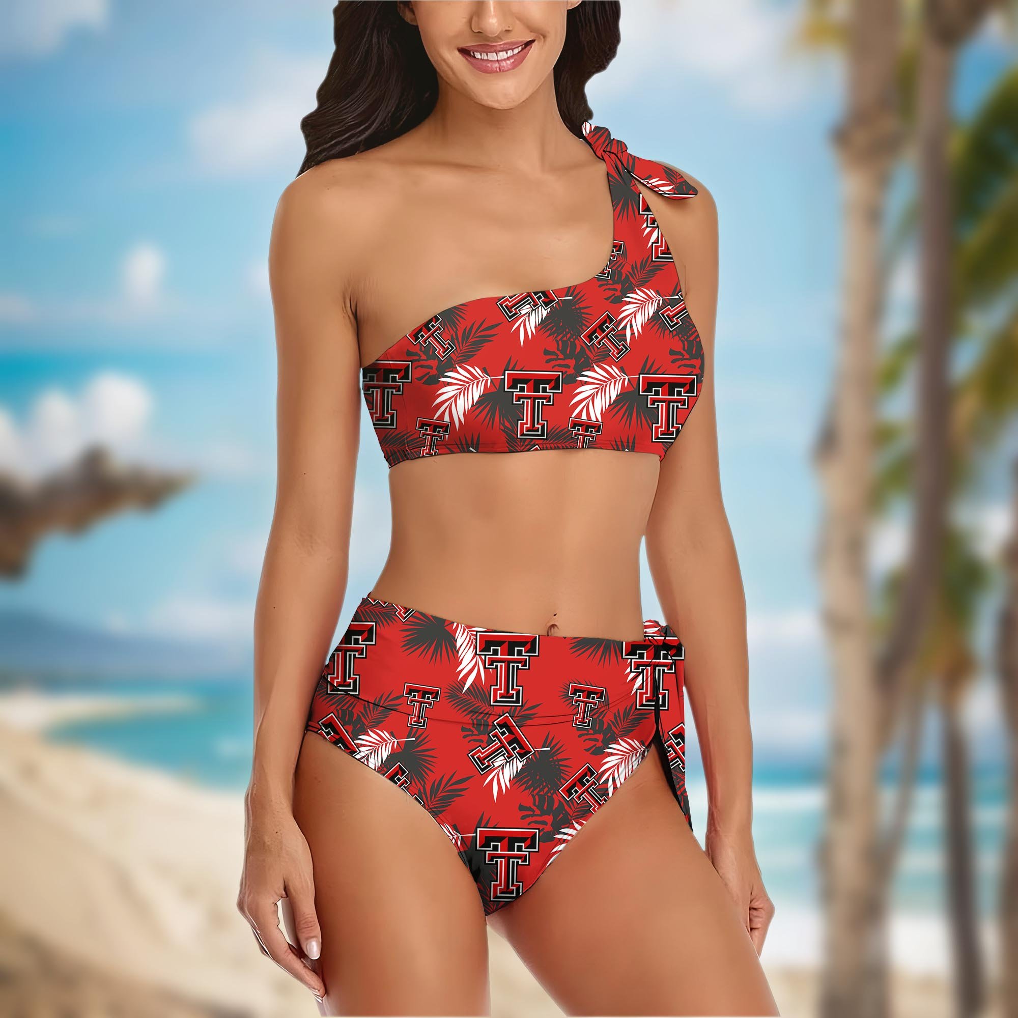 Alternative view of Texas Tech Red Raiders Women's One-shoulder Two Piece Swimsuit Set Custom Your Name, Bikini Suit Set, Football Gift EHIVM-04011567