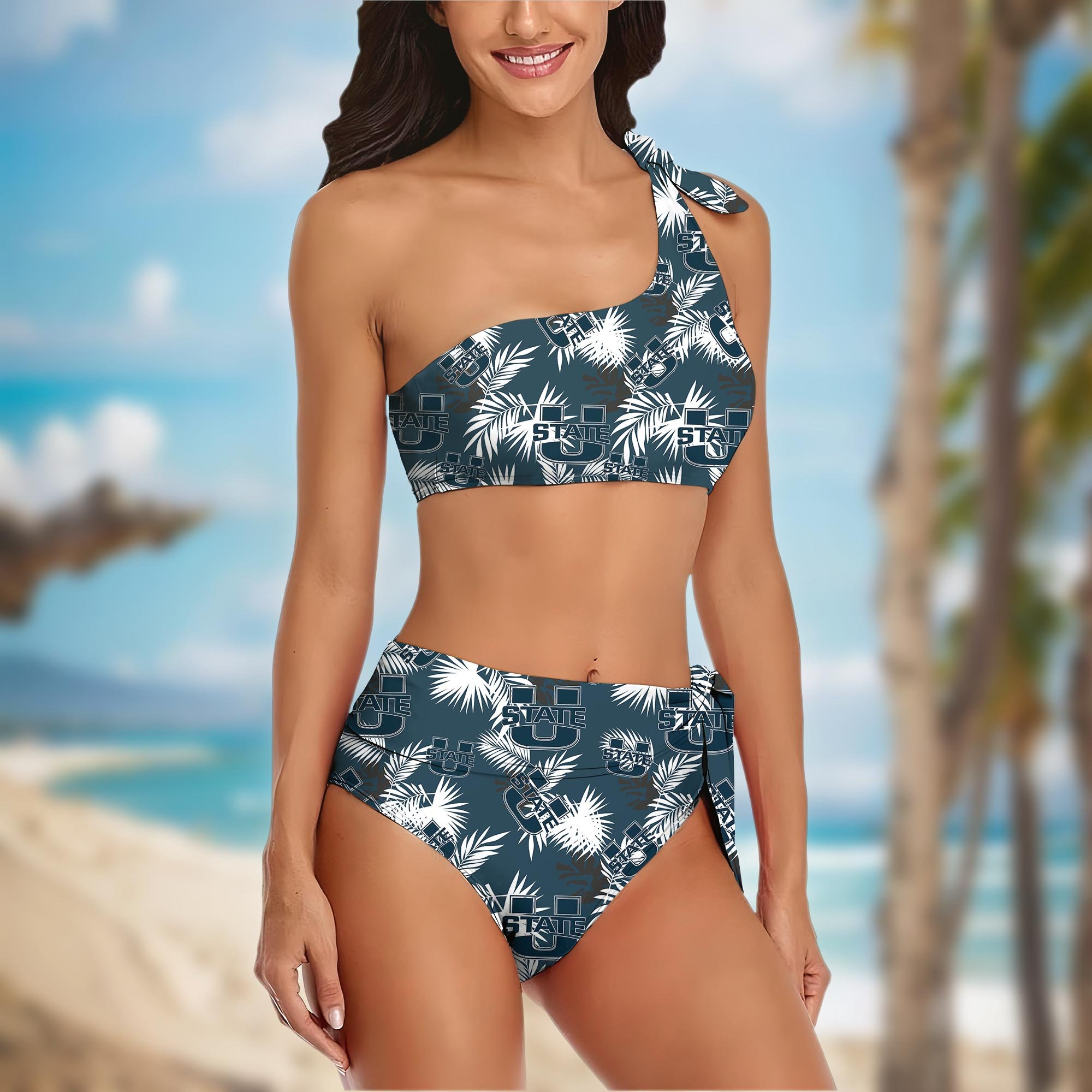 Alternative view of Utah State Aggies Women's One-shoulder Two Piece Swimsuit Set Custom Your Name, Bikini Suit Set, Football Gift EHIVM-04011567