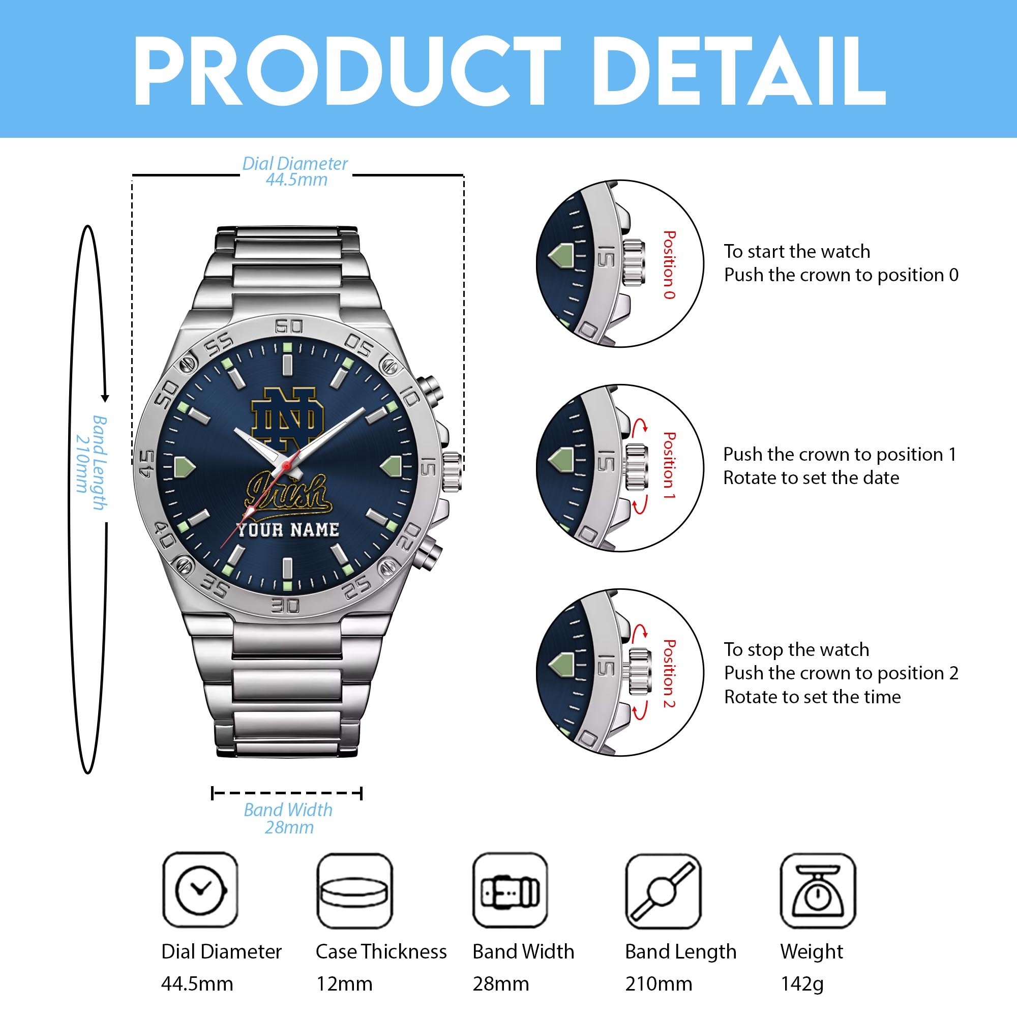 Notre Dame Fighting Irish Men's Watch Custom Your Name, Sport Men Watch, FootBall Fan Gifts EHIVM-04051644 - Image 6