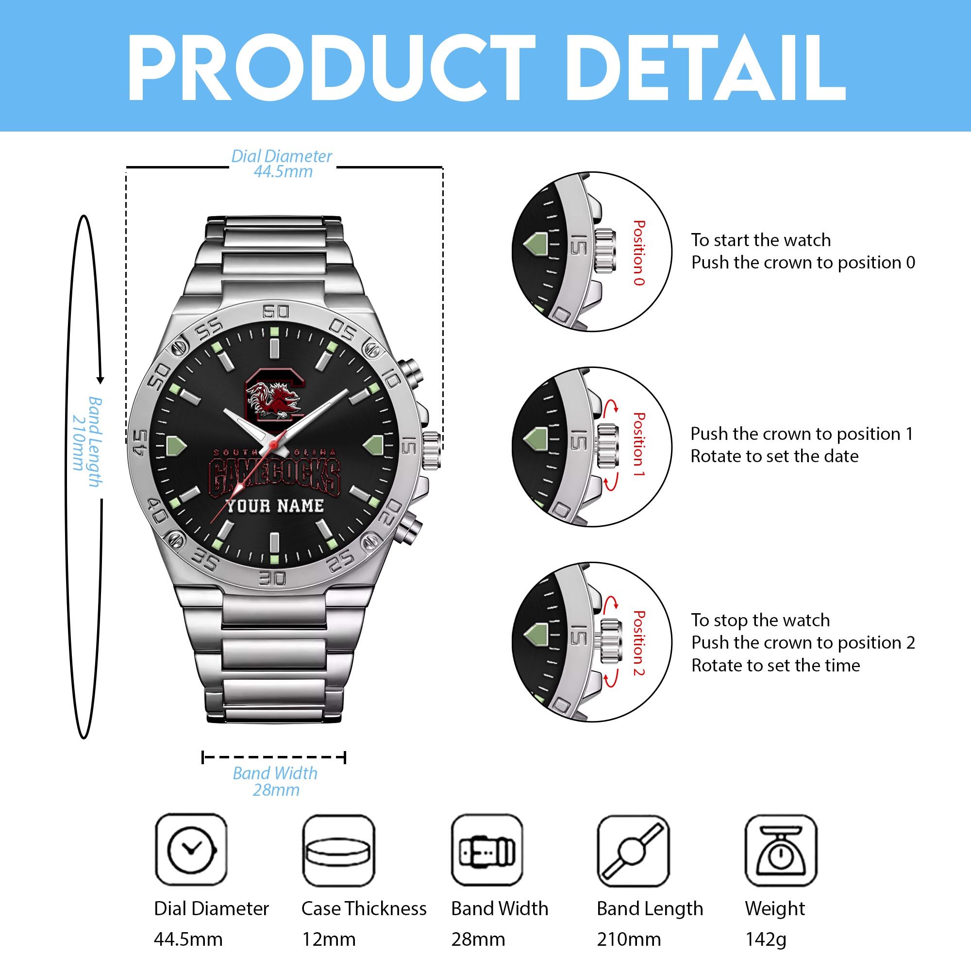 South Carolina Gamecocks Men's Watch Custom Your Name, Sport Men Watch, FootBall Fan Gifts EHIVM-04051644 - Image 6