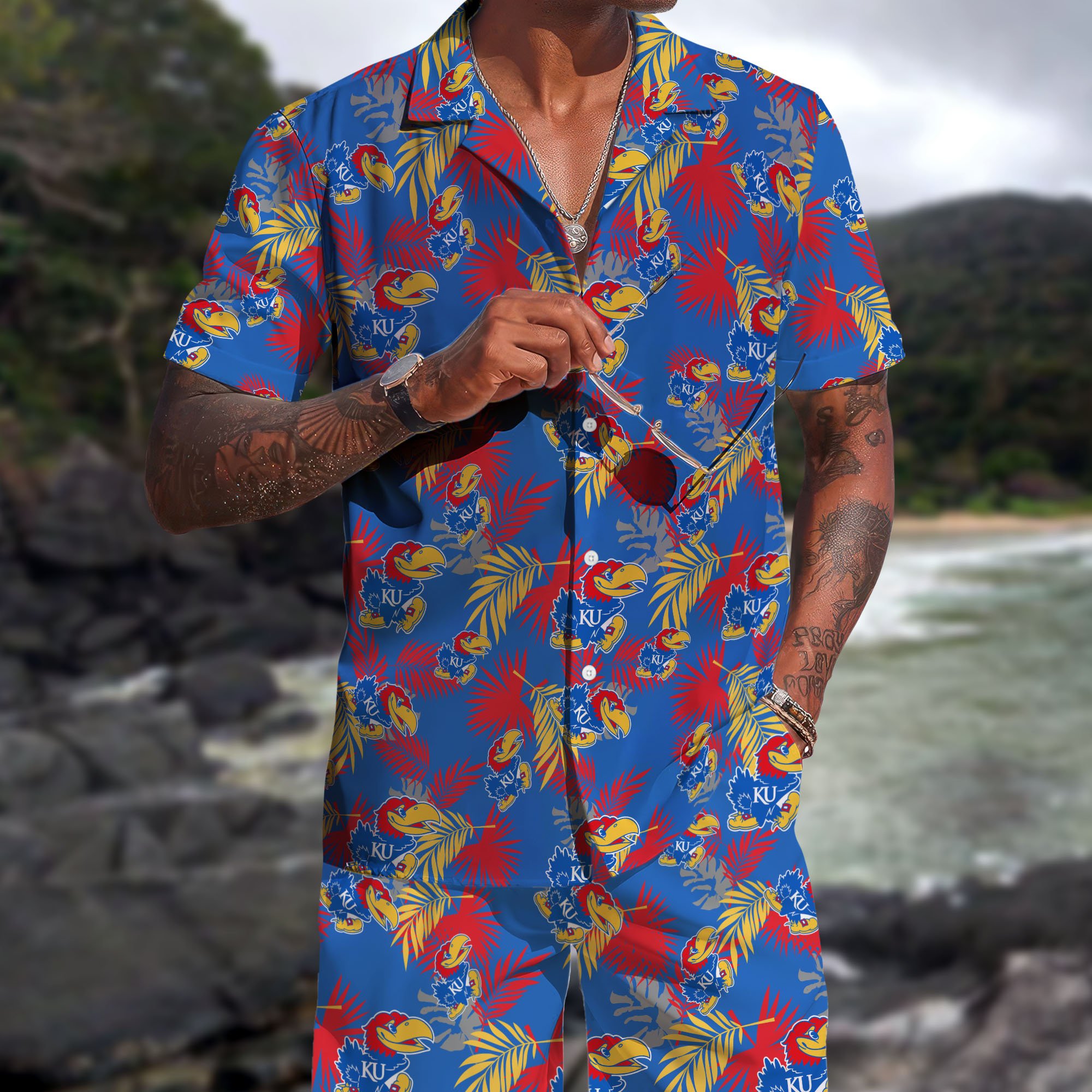 Kansas Jayhawks Hawaiian Shorts Set  2025 Version, Hawaiian Shirts, Sports Shorts, Gifts For Fan EHIVM-04171878
