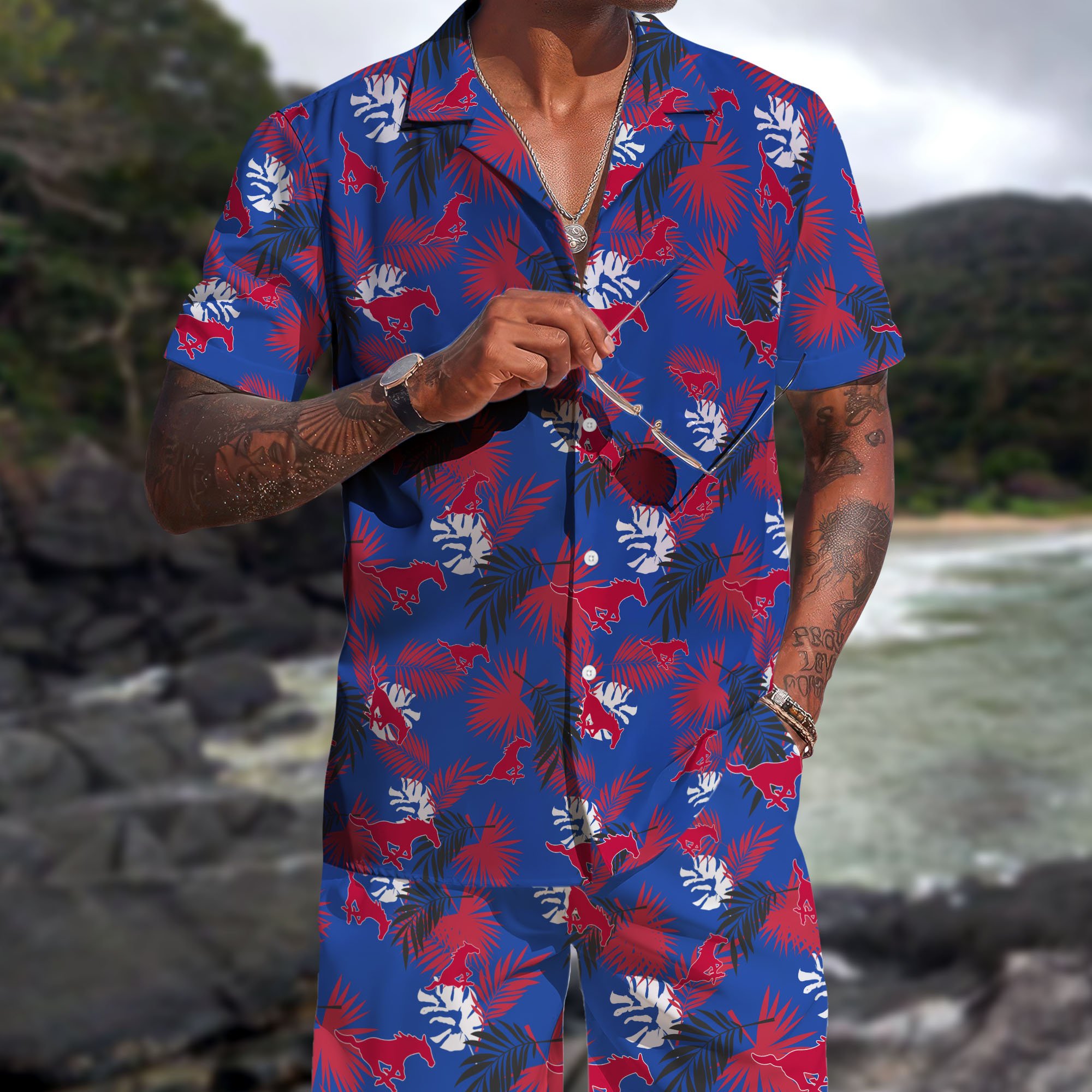 SMU Mustangs Hawaiian Shorts Set  2025 Version, Hawaiian Shirts, Sports Shorts, Gifts For Fan EHIVM-04171878