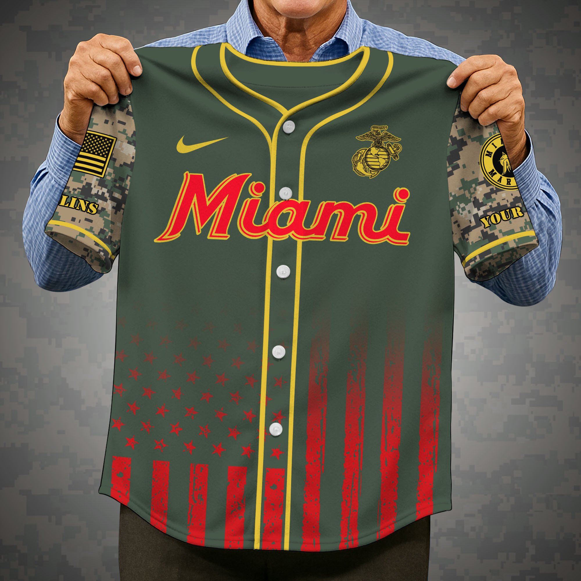 Alternative view of Miami Marlins Baseball Shirt x US Marine Corps Military Appreciation Night Jersey Editions Limited 2025 Custom Name, Sport Shirt, Sport Gifts ETRG-05082172