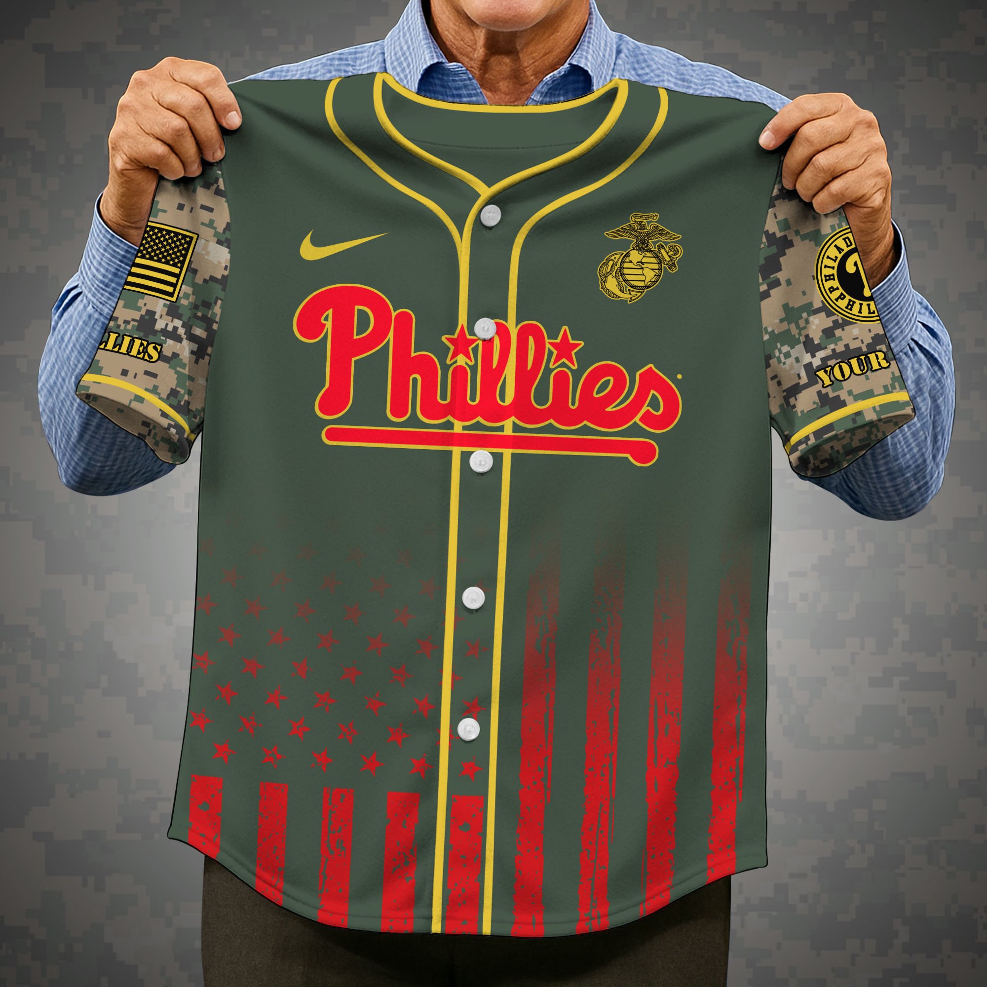 Alternative view of Philadelphia Phillies Baseball Shirt x US Marine Corps Military Appreciation Night Jersey Editions Limited 2025 Custom Name, Sport Shirt, Sport Gifts ETRG-05082172