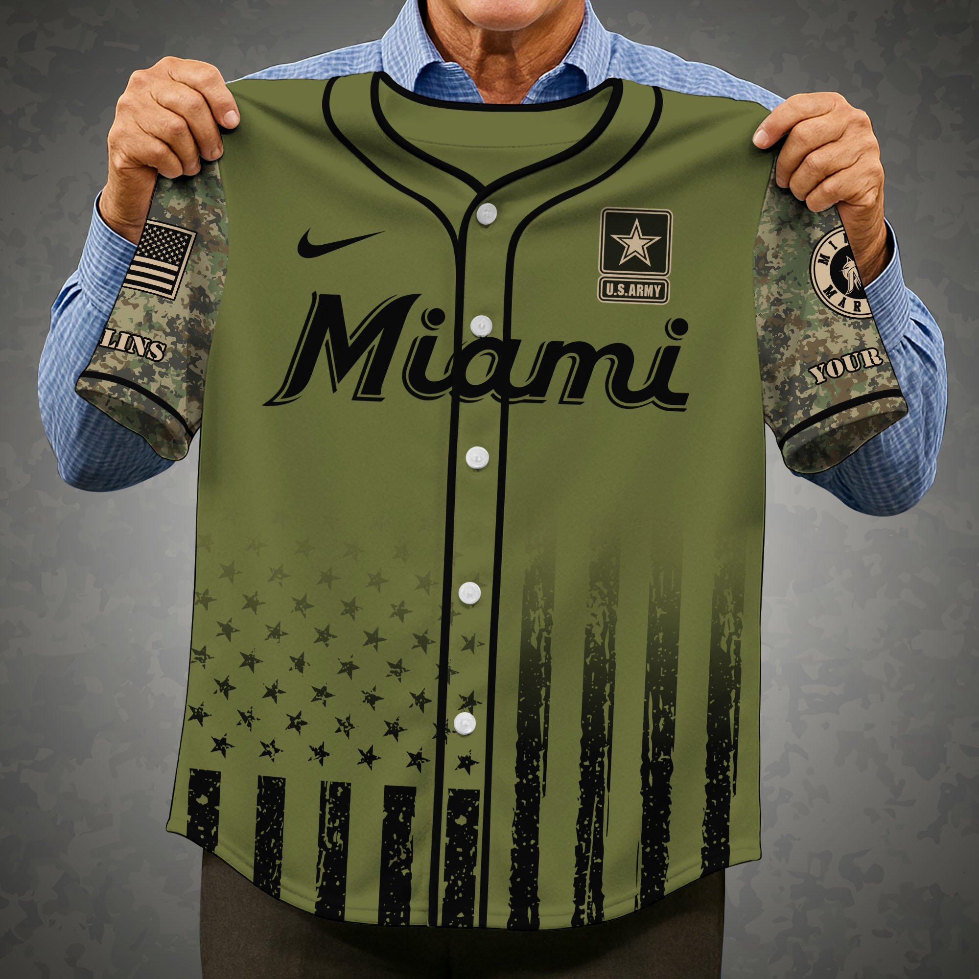 Alternative view of Miami Marlins Baseball Shirt x US Army Military Appreciation Night Jersey Editions Limited 2025 Custom Name, Sport Shirt For Fans ETRG-05082173