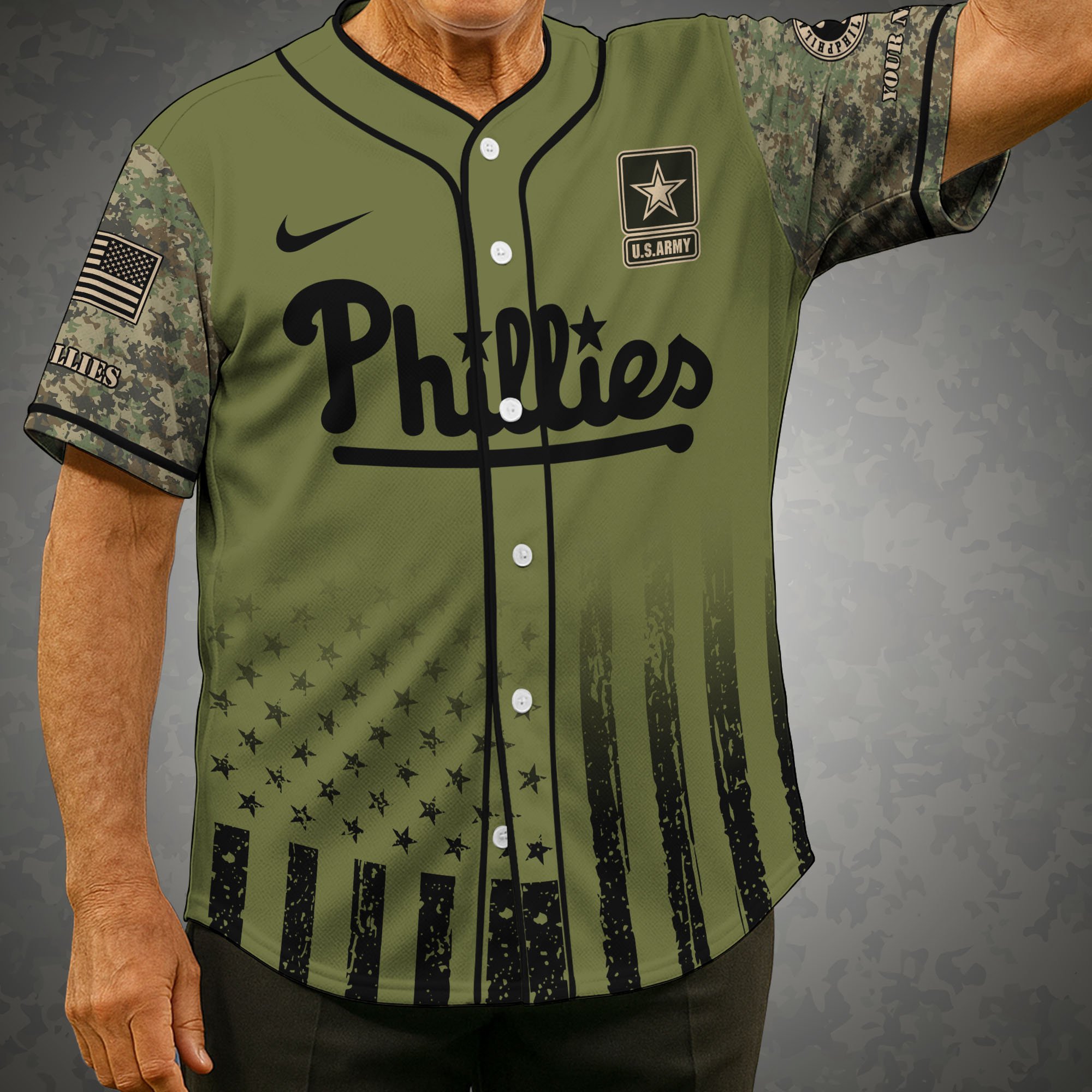 Philadelphia Phillies Baseball Shirt x US Army Military Appreciation Night Jersey Editions Limited 2025 Custom Name, Sport Shirt For Fans ETRG-05082173