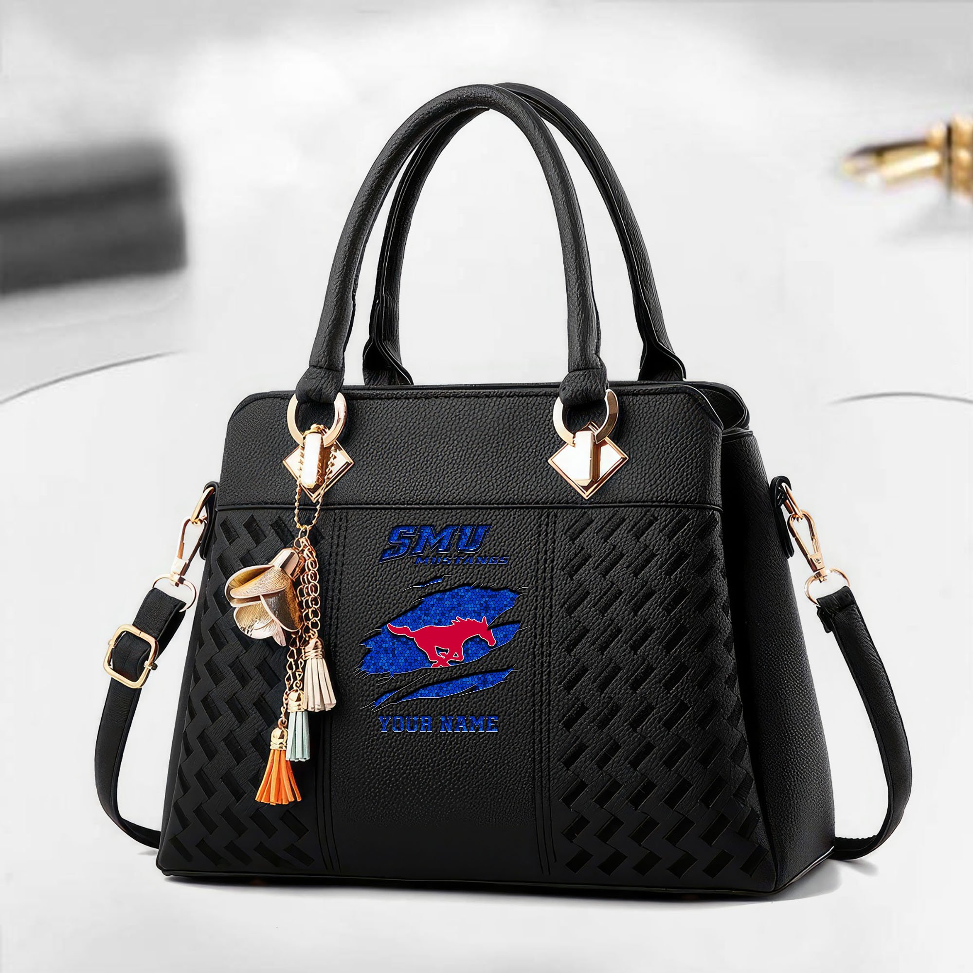 SMU Mustangs Deluxe Handbag For Women Custom Your Name 2025 Versions, Sport Deluxe Handbag EHIVM-05222308A