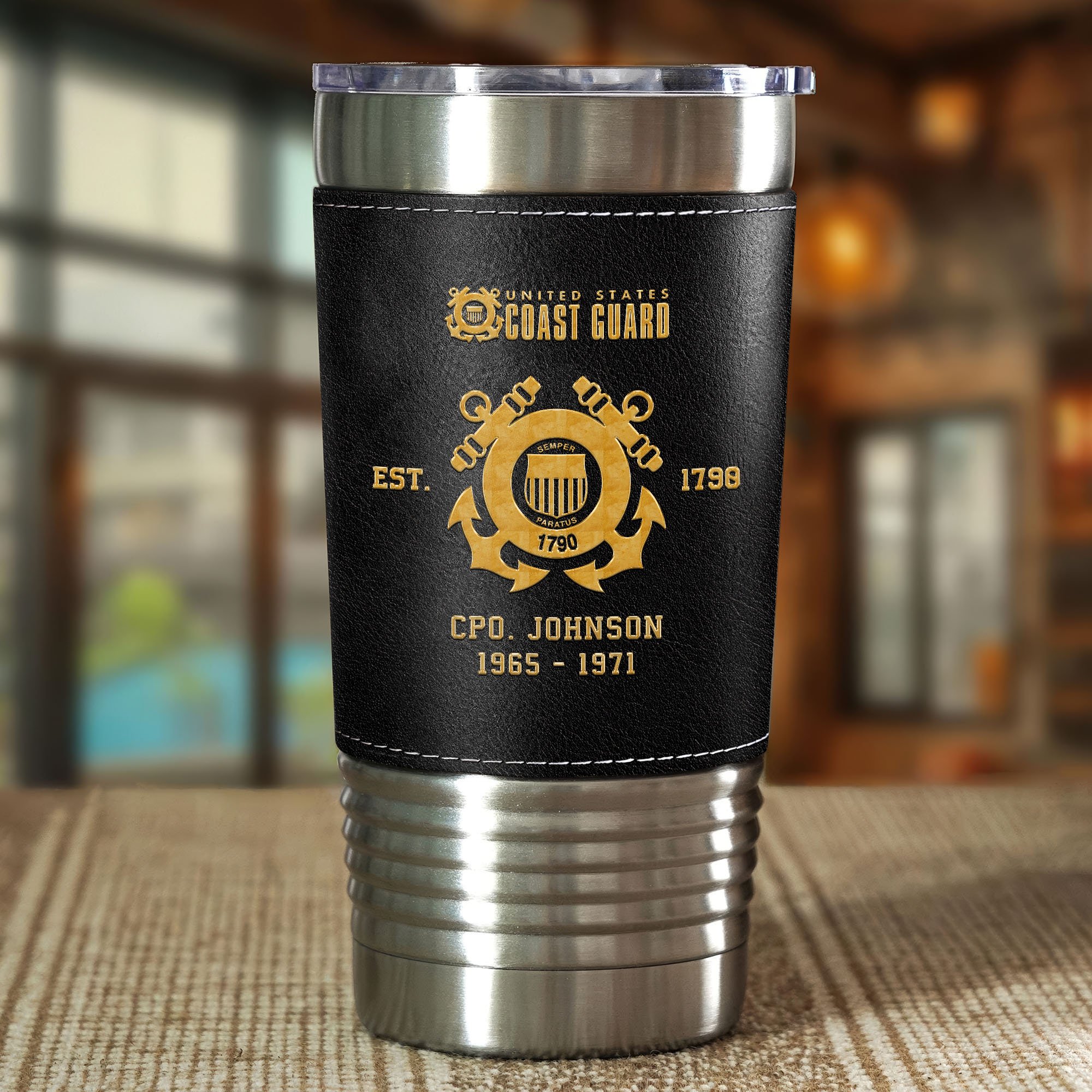 Alternative view of U.S. Coast Guard 20 Oz Leather Tumbler Custom Your Name And Year, US Military Tumbler, Gift For Soldiers EHIVM-05222310