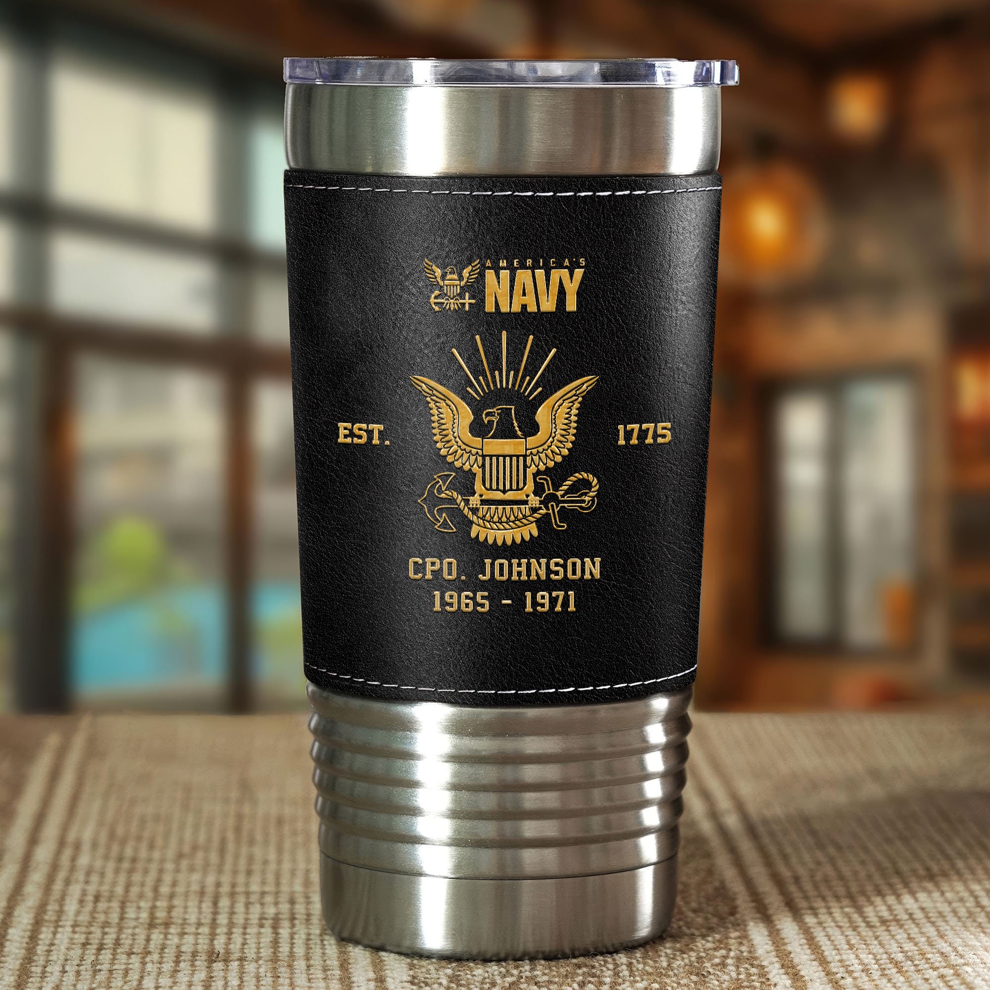 Alternative view of U.S. Navy 20 Oz Leather Tumbler Custom Your Name And Year, US Military Tumbler, Gift For Soldiers EHIVM-05222310