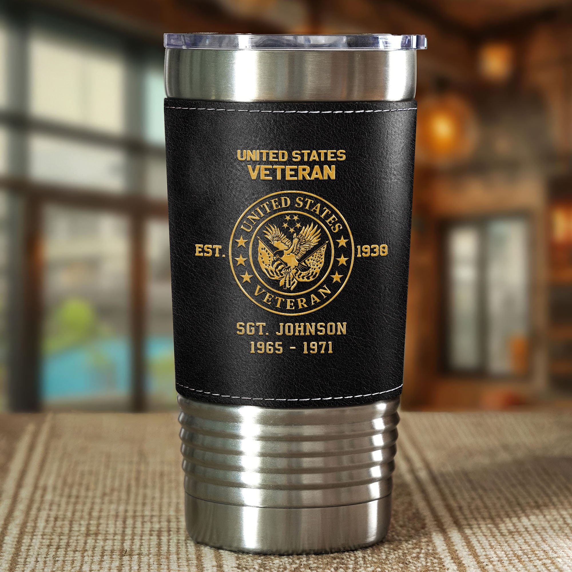 Alternative view of U.S. Veteran 20 Oz Leather Tumbler Custom Your Name And Year, US Military Tumbler, Gift For Soldiers EHIVM-05222310