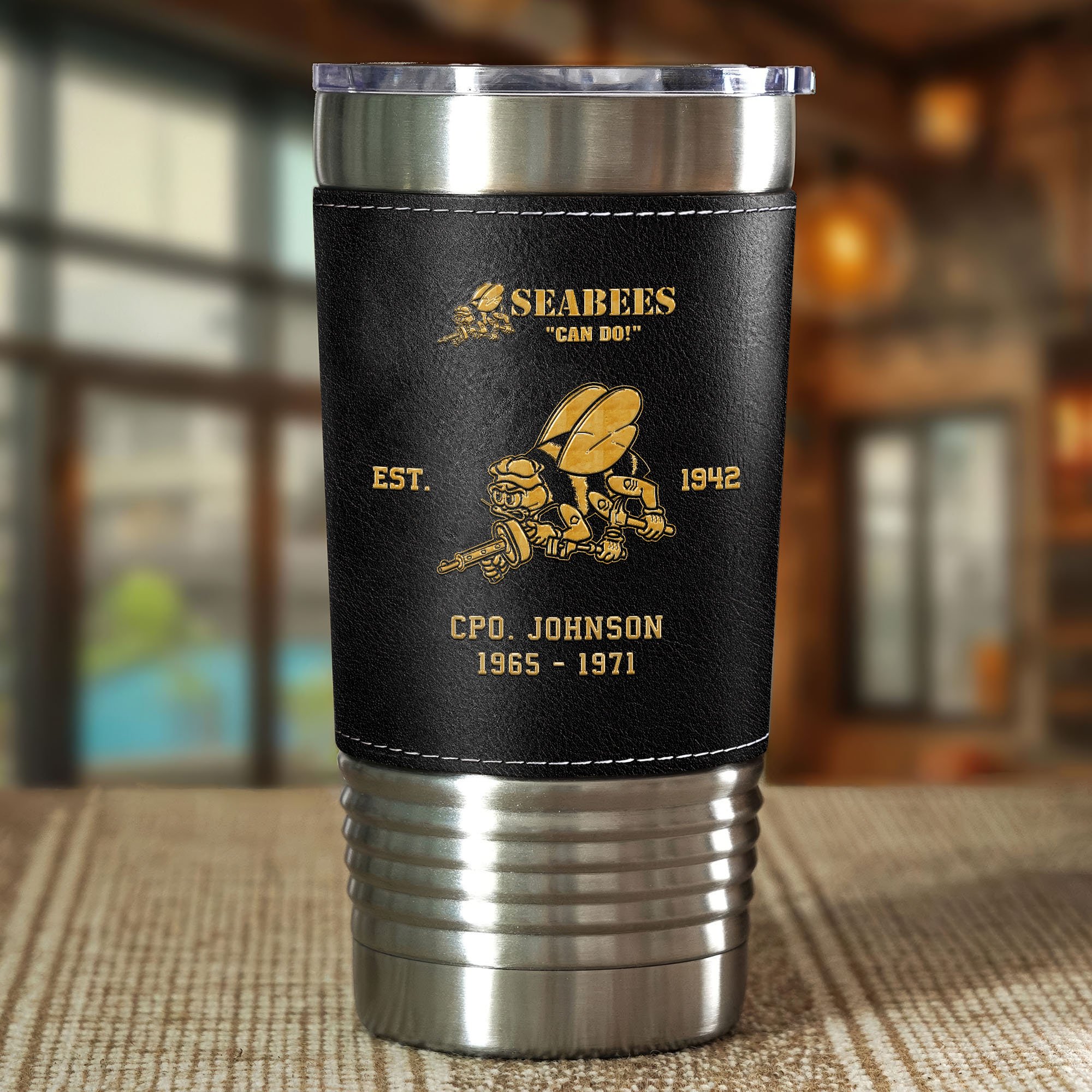 Alternative view of U.S. Navy Seabees 20 Oz Leather Tumbler Custom Your Name And Year, US Military Tumbler, Gift For Soldiers EHIVM-05222310