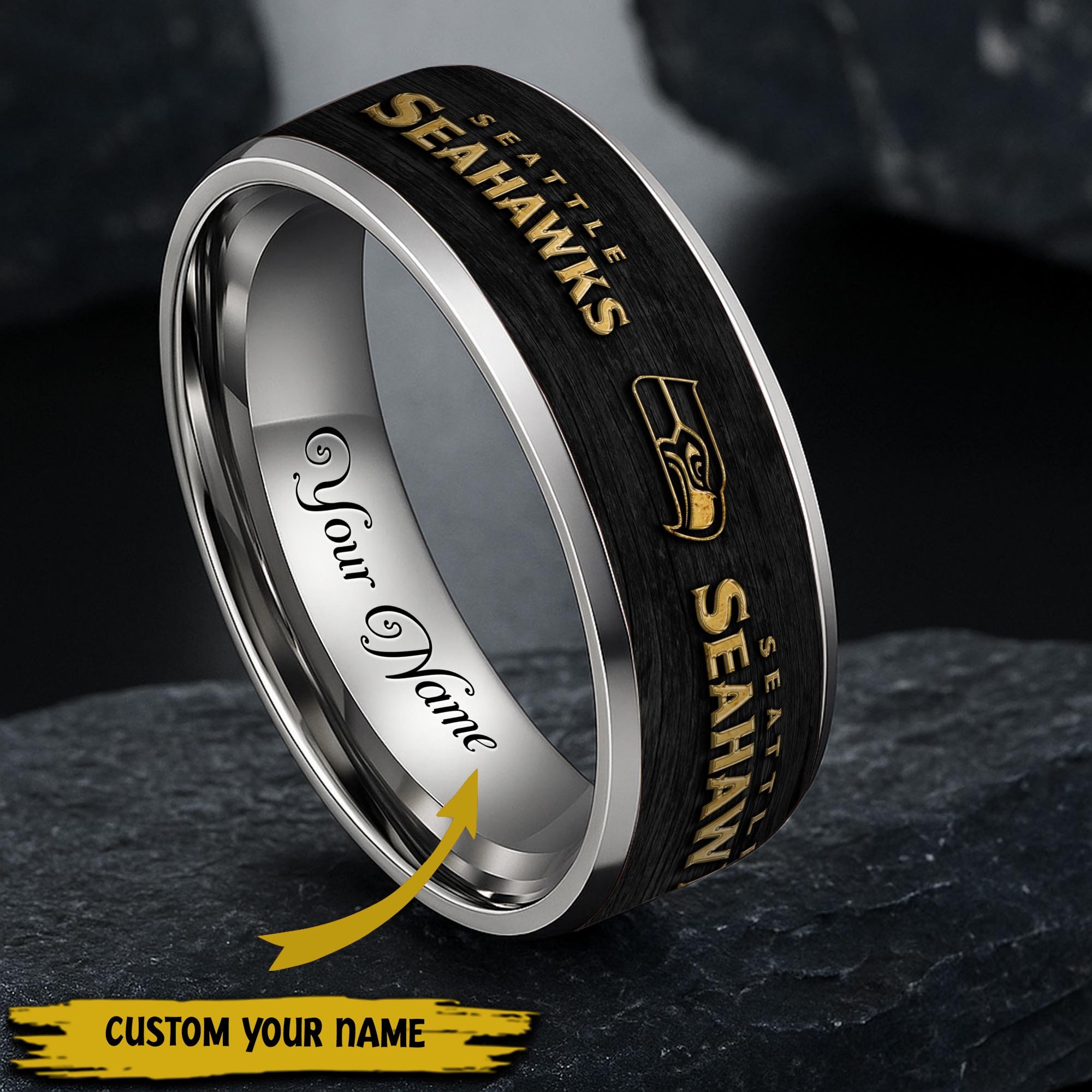 Seattle Seahawks Stainless Steel Rings Comes With Box Custom Your Name 2025 versions, Gifts For Fan  EHIVM-05032127N