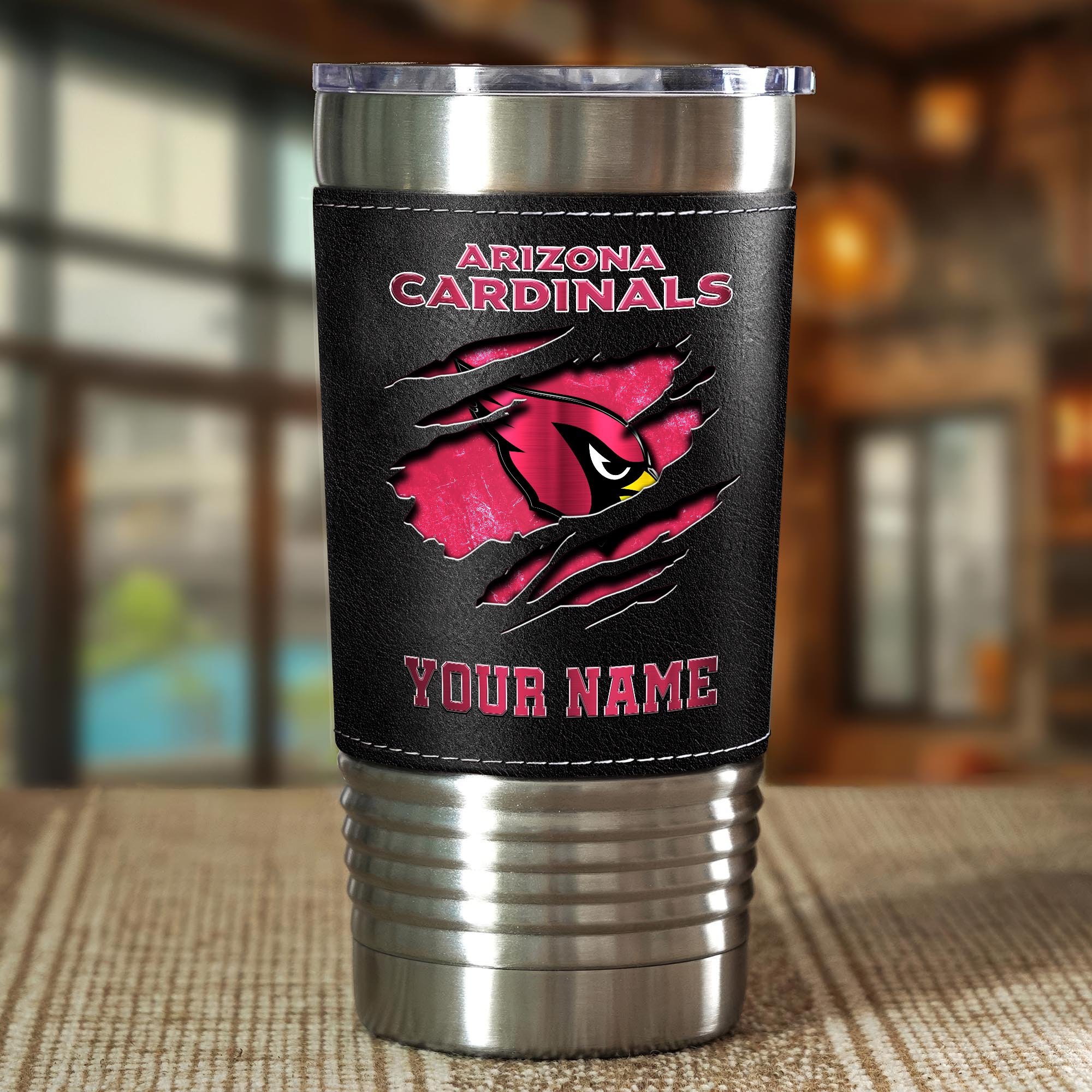 Alternative view of Arizona Cardinals 20 Oz Leather Tumbler Custom Your Name, Sport Gift For Fans EHIVM-05222305N