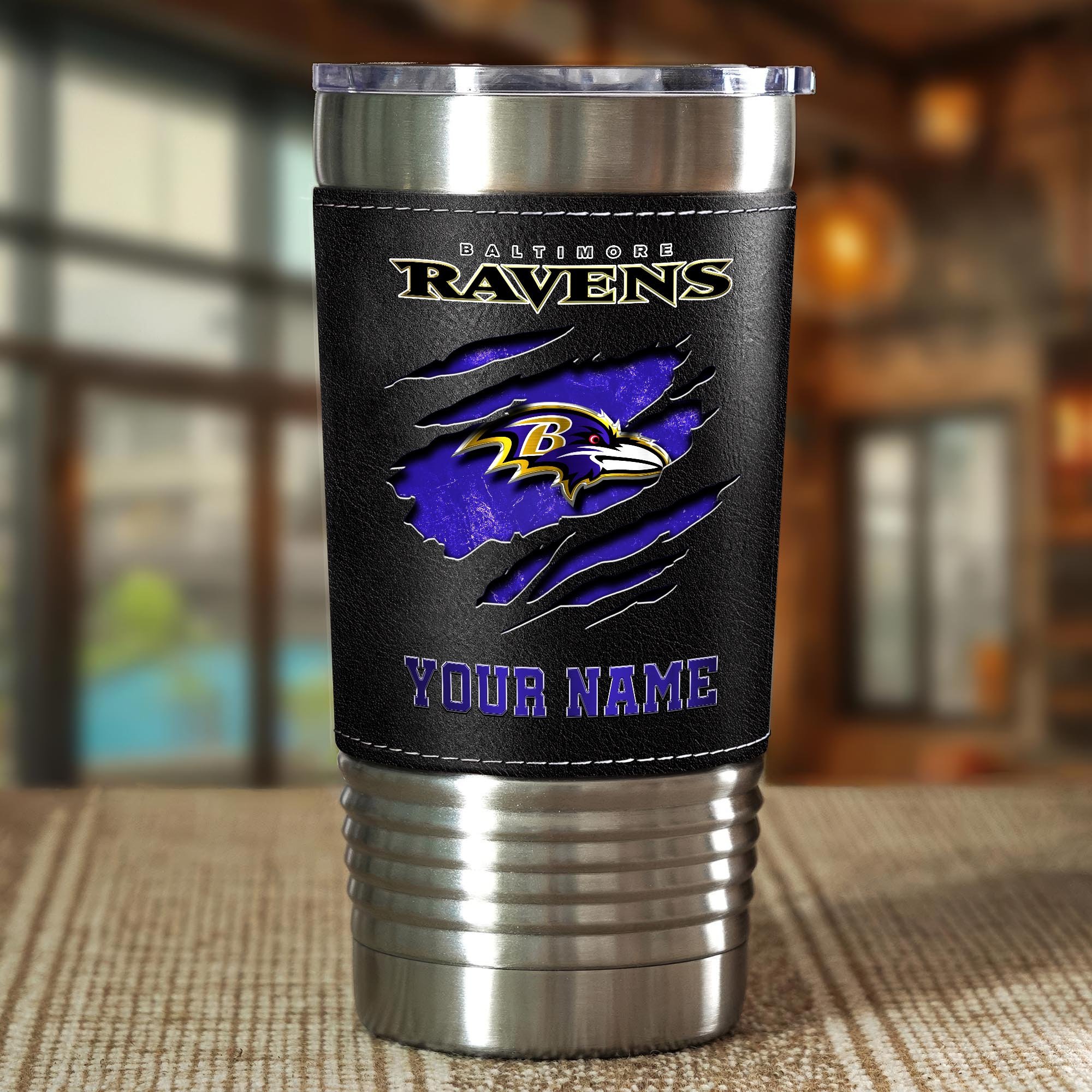 Alternative view of Baltimore Ravens 20 Oz Leather Tumbler Custom Your Name, Sport Gift For Fans EHIVM-05222305N