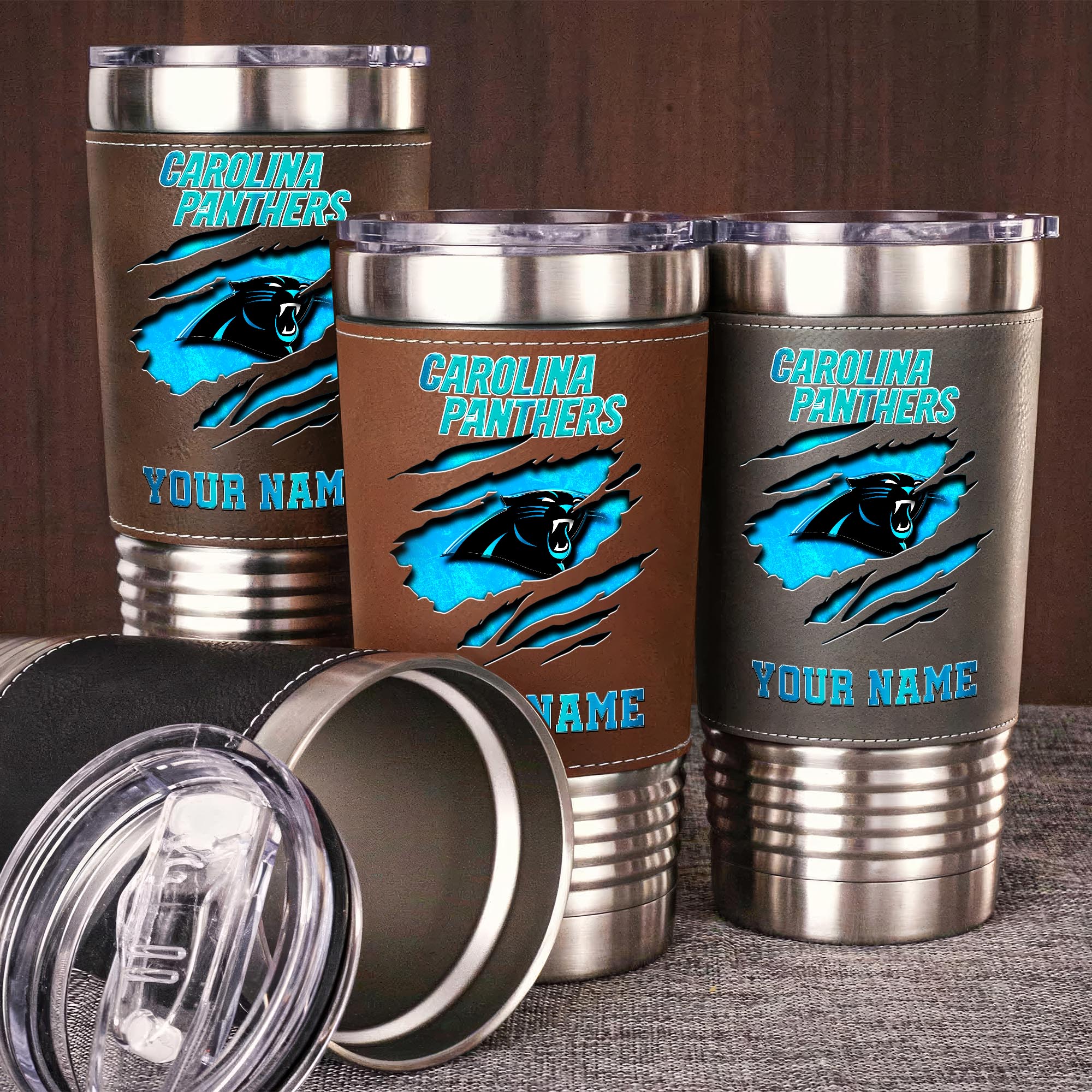 Carolina Panthers 20 Oz Leather Tumbler Custom Your Name, Sport Gift For Fans EHIVM-05222305N