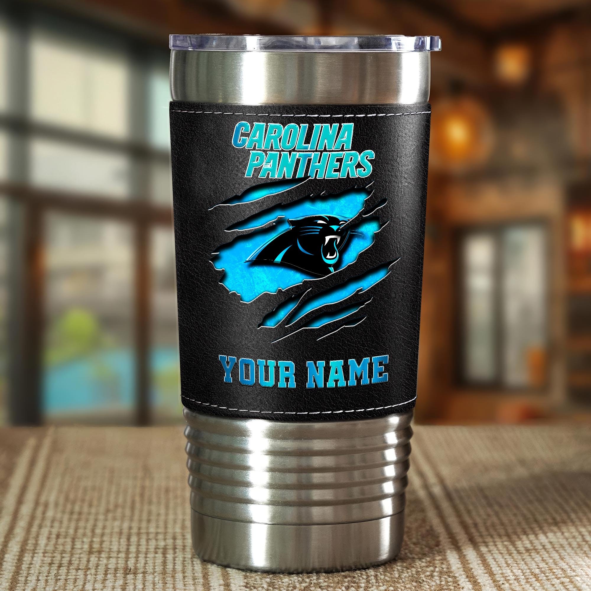 Alternative view of Carolina Panthers 20 Oz Leather Tumbler Custom Your Name, Sport Gift For Fans EHIVM-05222305N