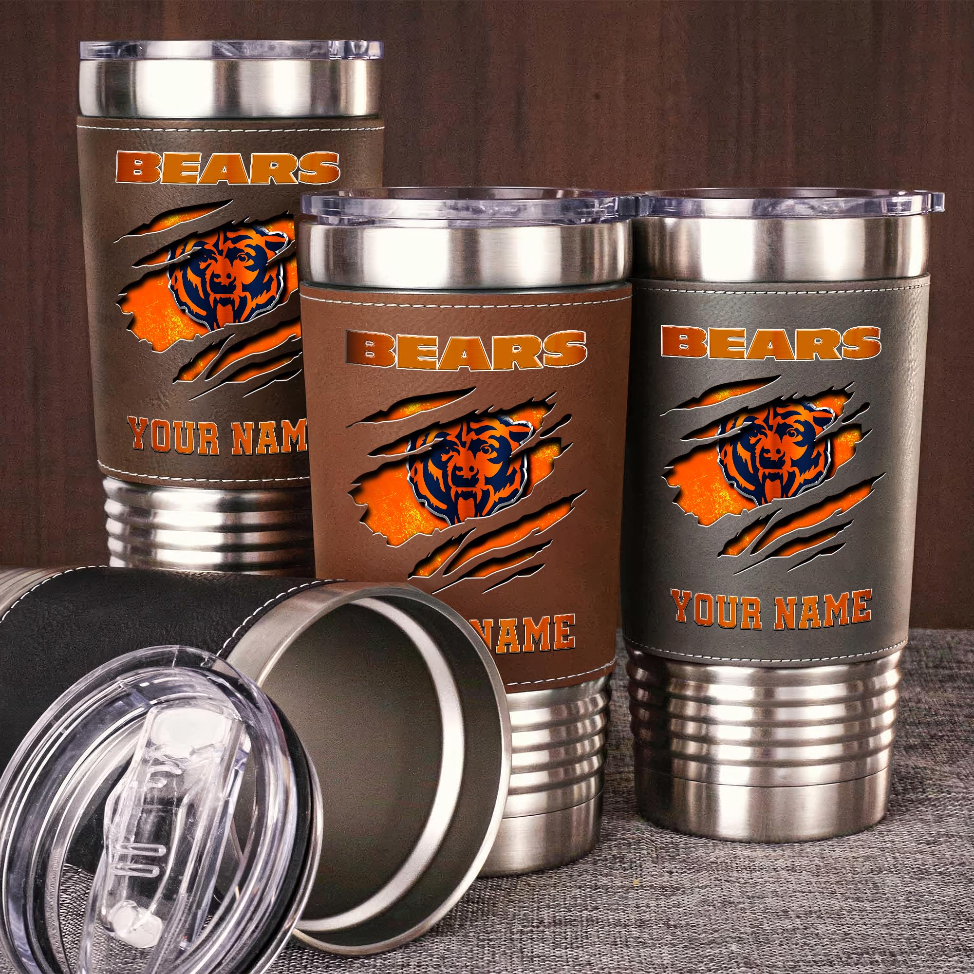 Chicago Bears 20 Oz Leather Tumbler Custom Your Name, Sport Gift For Fans EHIVM-05222305N