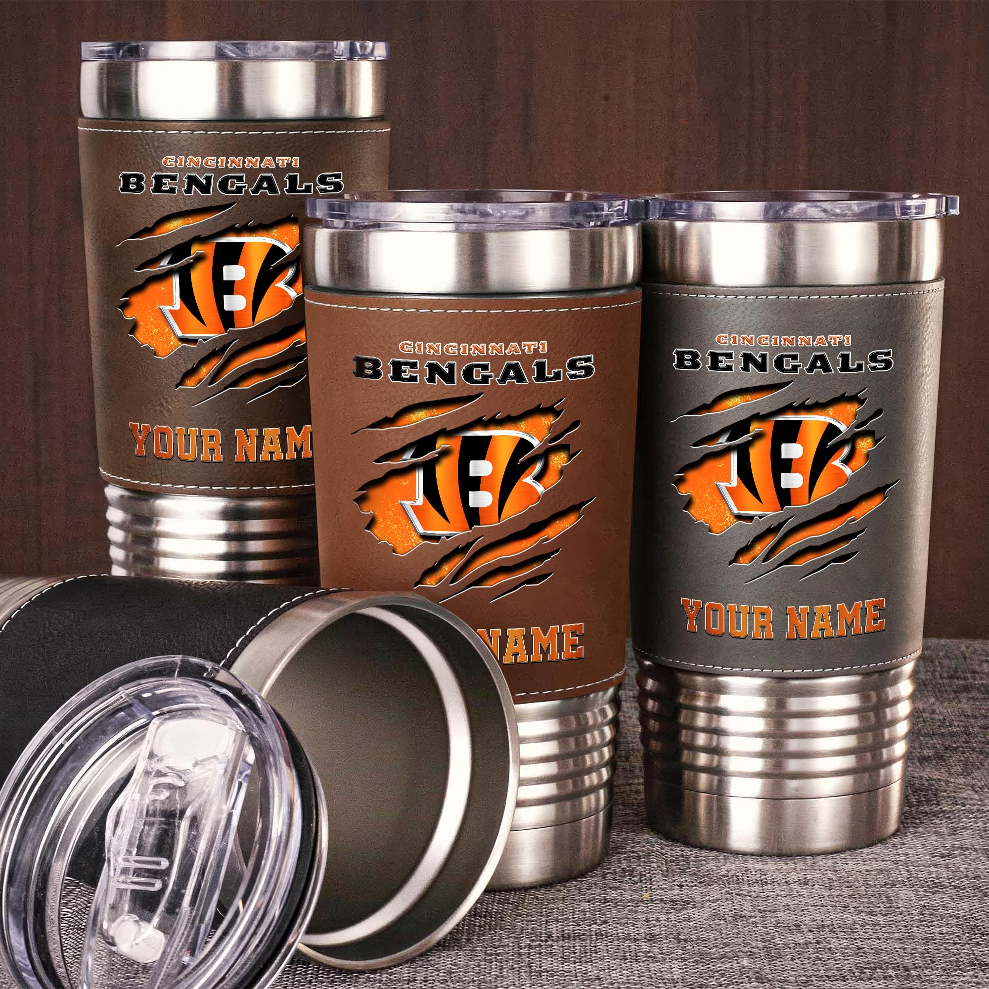 Cincinnati Bengals 20 Oz Leather Tumbler Custom Your Name, Sport Gift For Fans EHIVM-05222305N