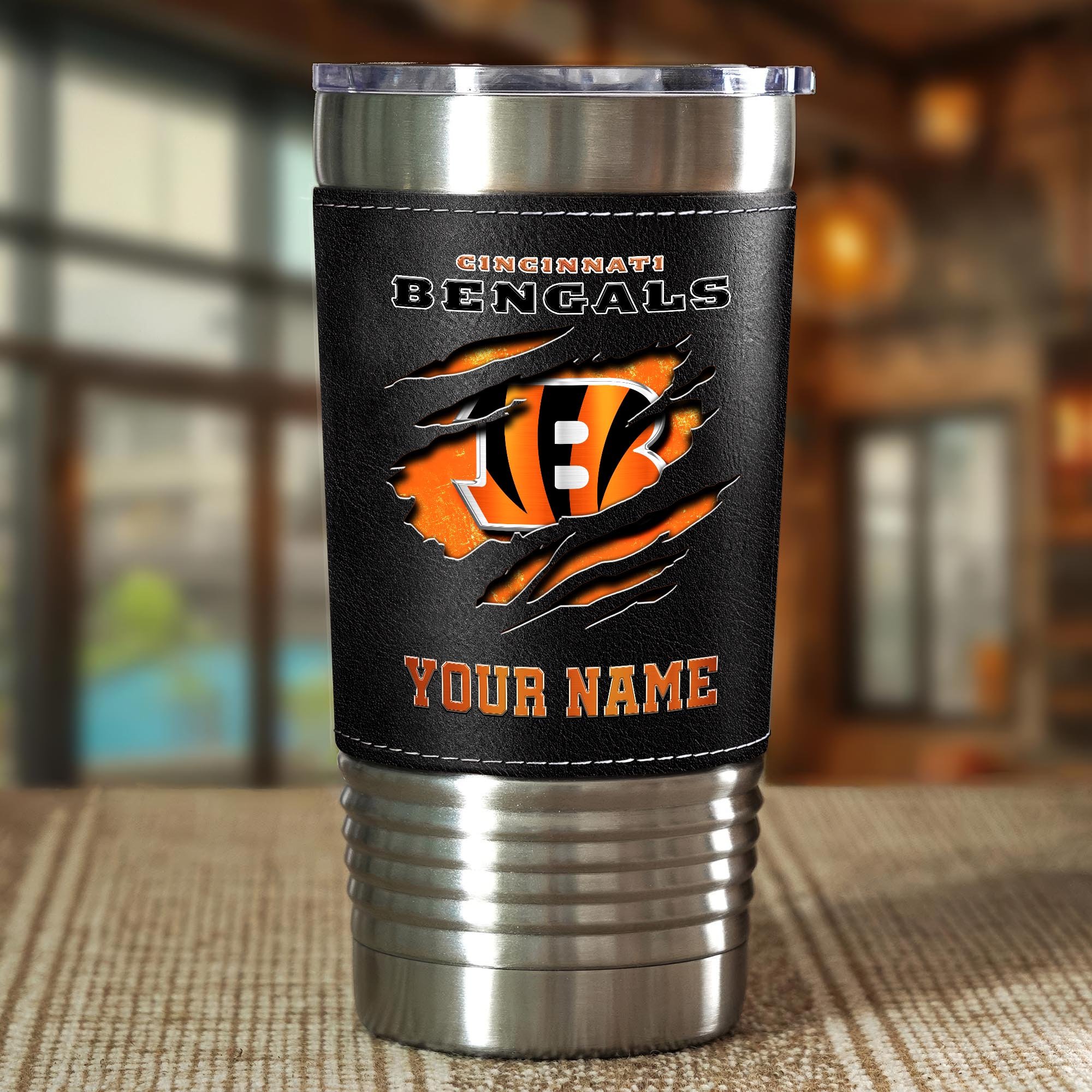 Alternative view of Cincinnati Bengals 20 Oz Leather Tumbler Custom Your Name, Sport Gift For Fans EHIVM-05222305N