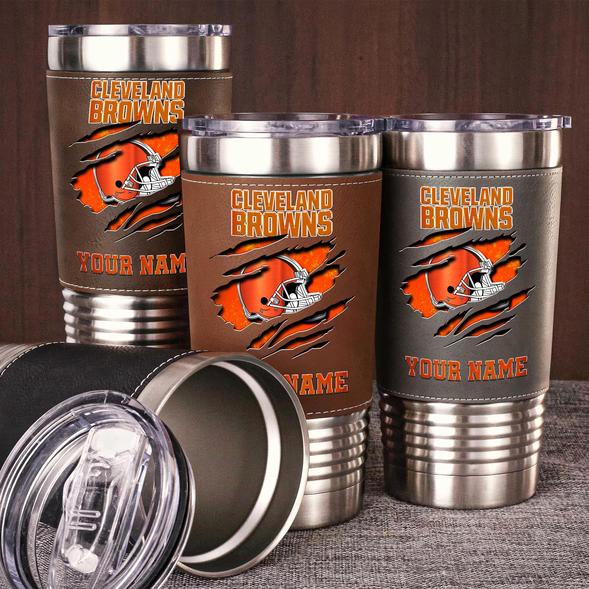 Cleveland Browns 20 Oz Leather Tumbler Custom Your Name, Sport Gift For Fans EHIVM-05222305N