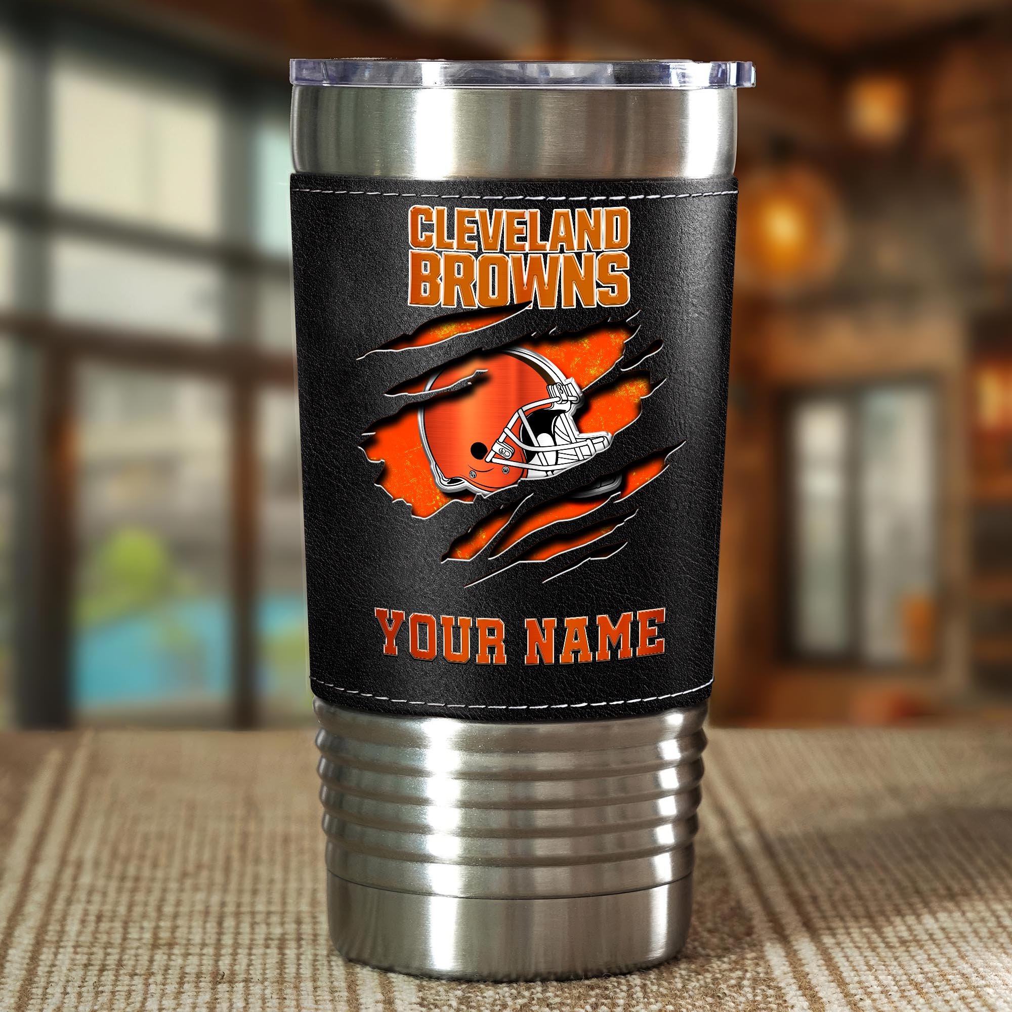Alternative view of Cleveland Browns 20 Oz Leather Tumbler Custom Your Name, Sport Gift For Fans EHIVM-05222305N