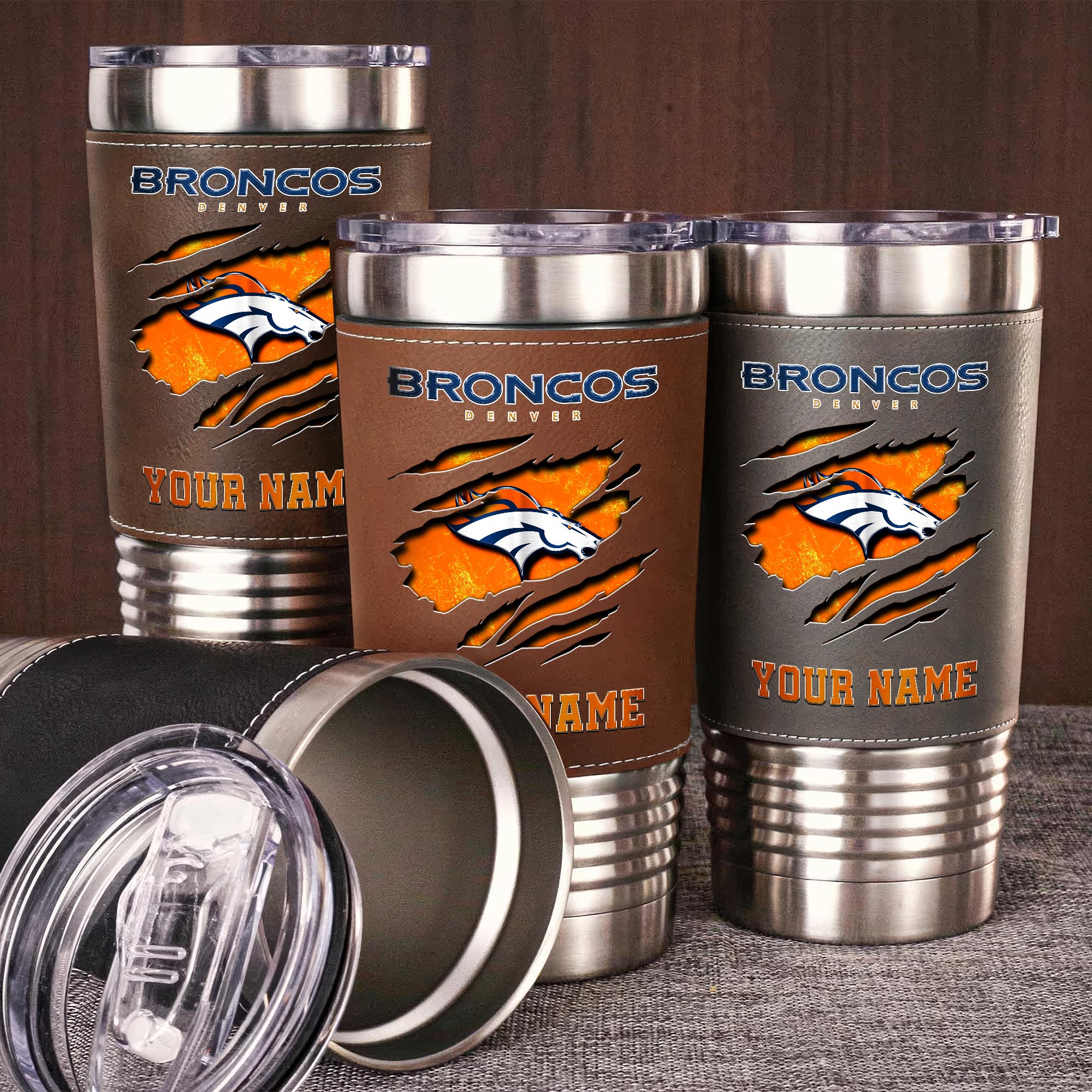 Denver Broncos 20 Oz Leather Tumbler Custom Your Name, Sport Gift For Fans EHIVM-05222305N
