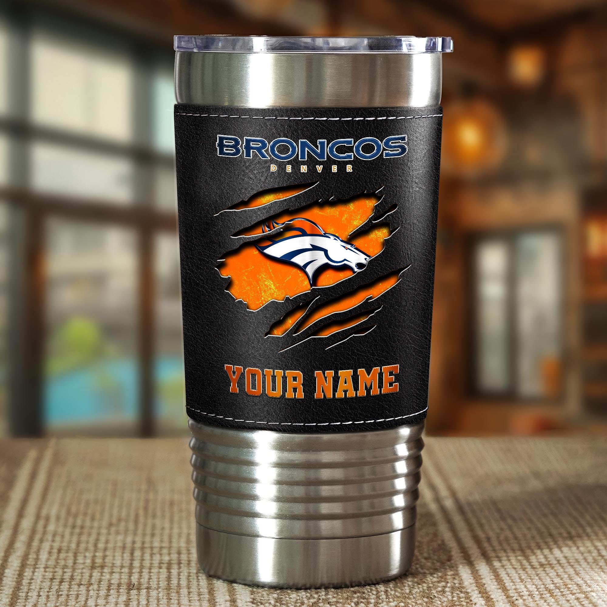 Alternative view of Denver Broncos 20 Oz Leather Tumbler Custom Your Name, Sport Gift For Fans EHIVM-05222305N