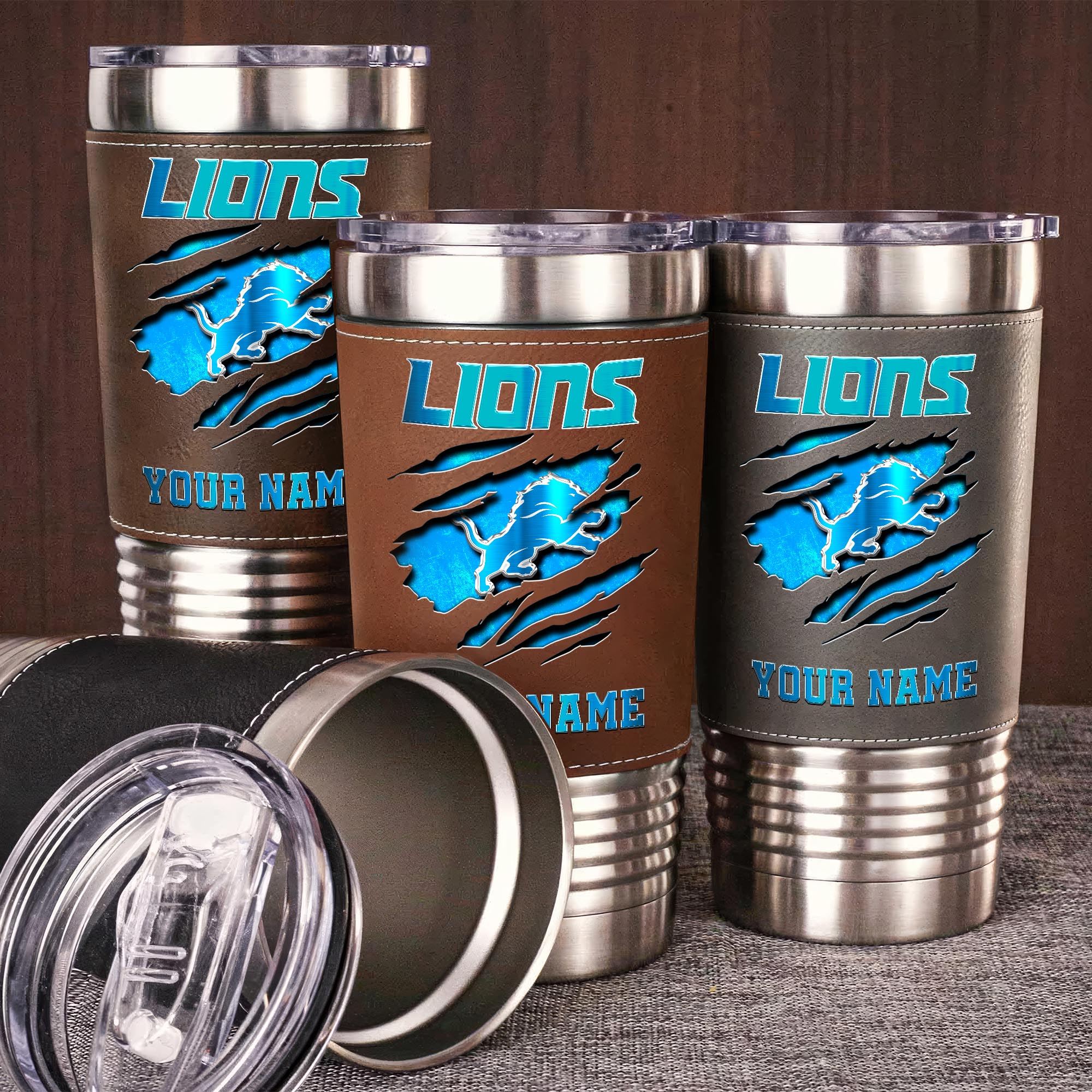 Detroit Lions 20 Oz Leather Tumbler Custom Your Name, Sport Gift For Fans EHIVM-05222305N