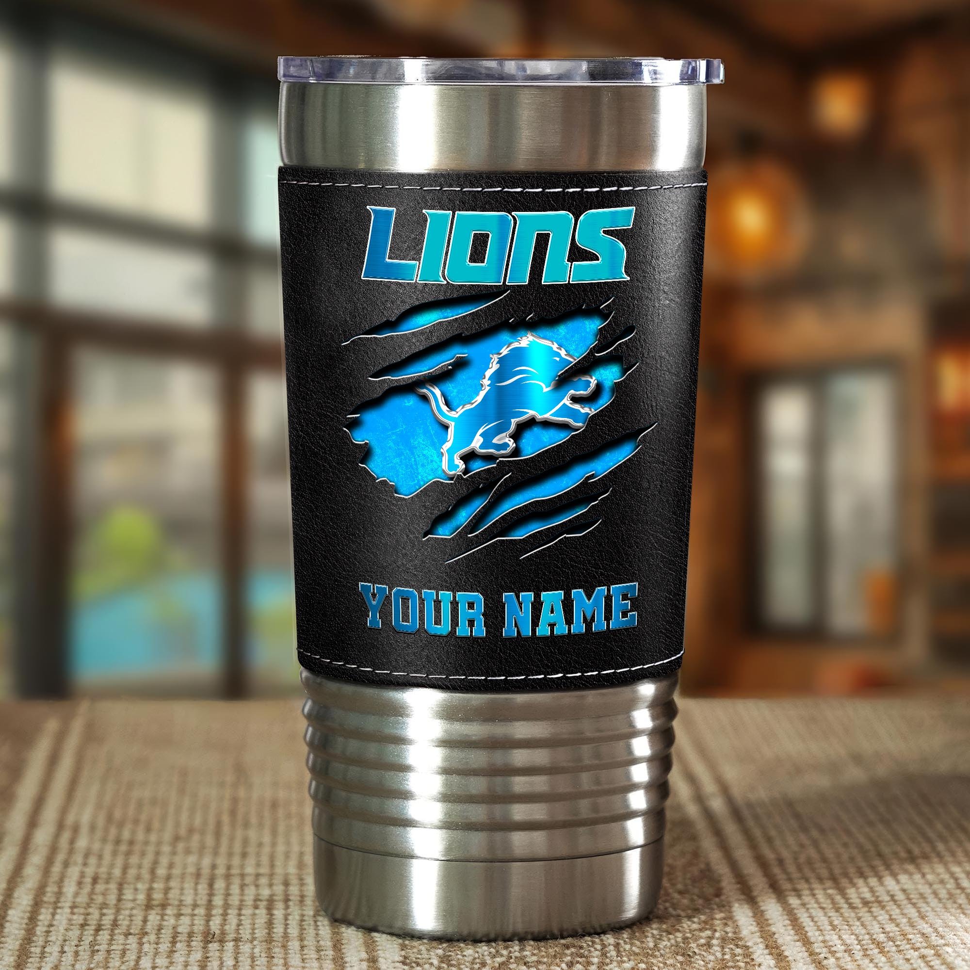 Alternative view of Detroit Lions 20 Oz Leather Tumbler Custom Your Name, Sport Gift For Fans EHIVM-05222305N