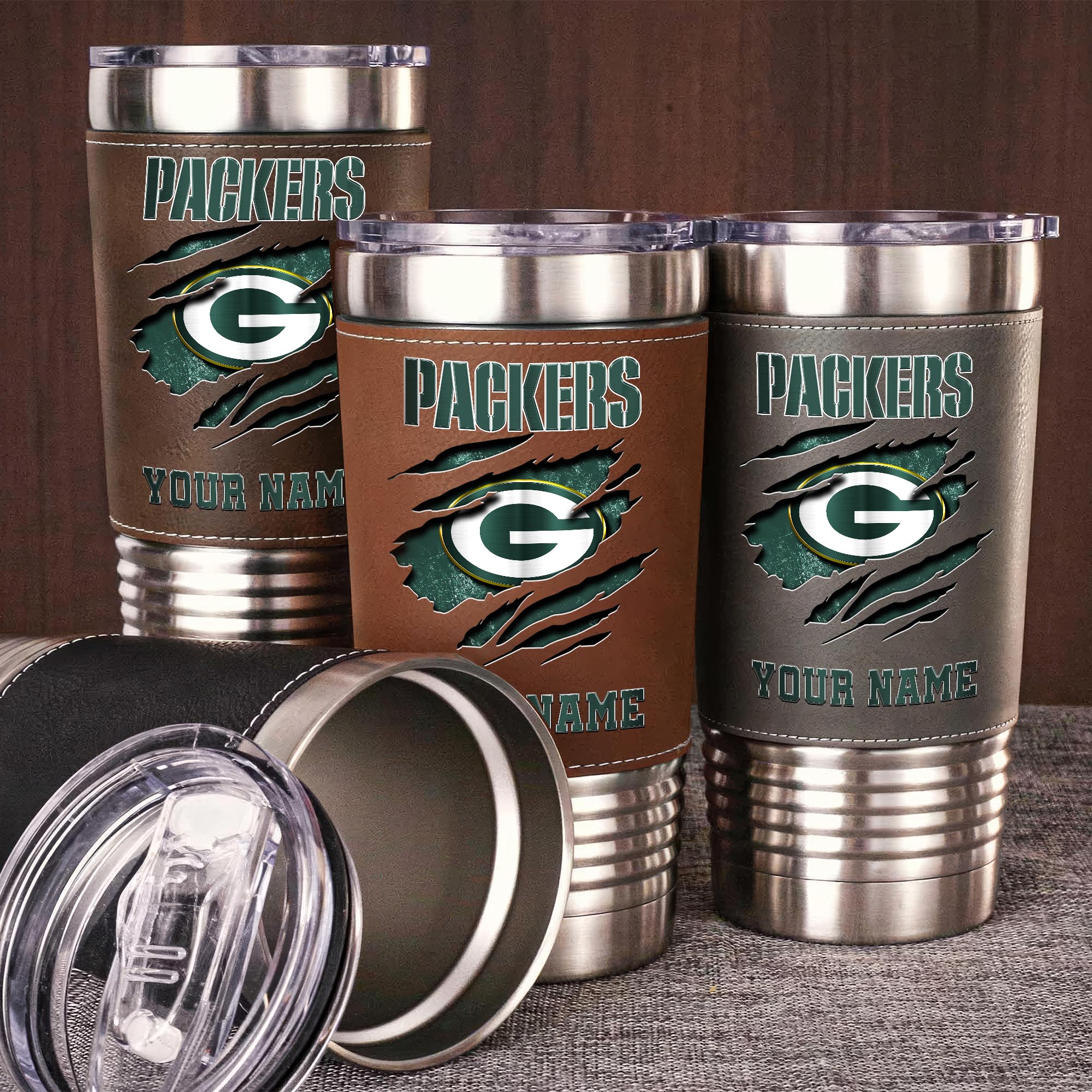 Green Bay Packers 20 Oz Leather Tumbler Custom Your Name, Sport Gift For Fans EHIVM-05222305N