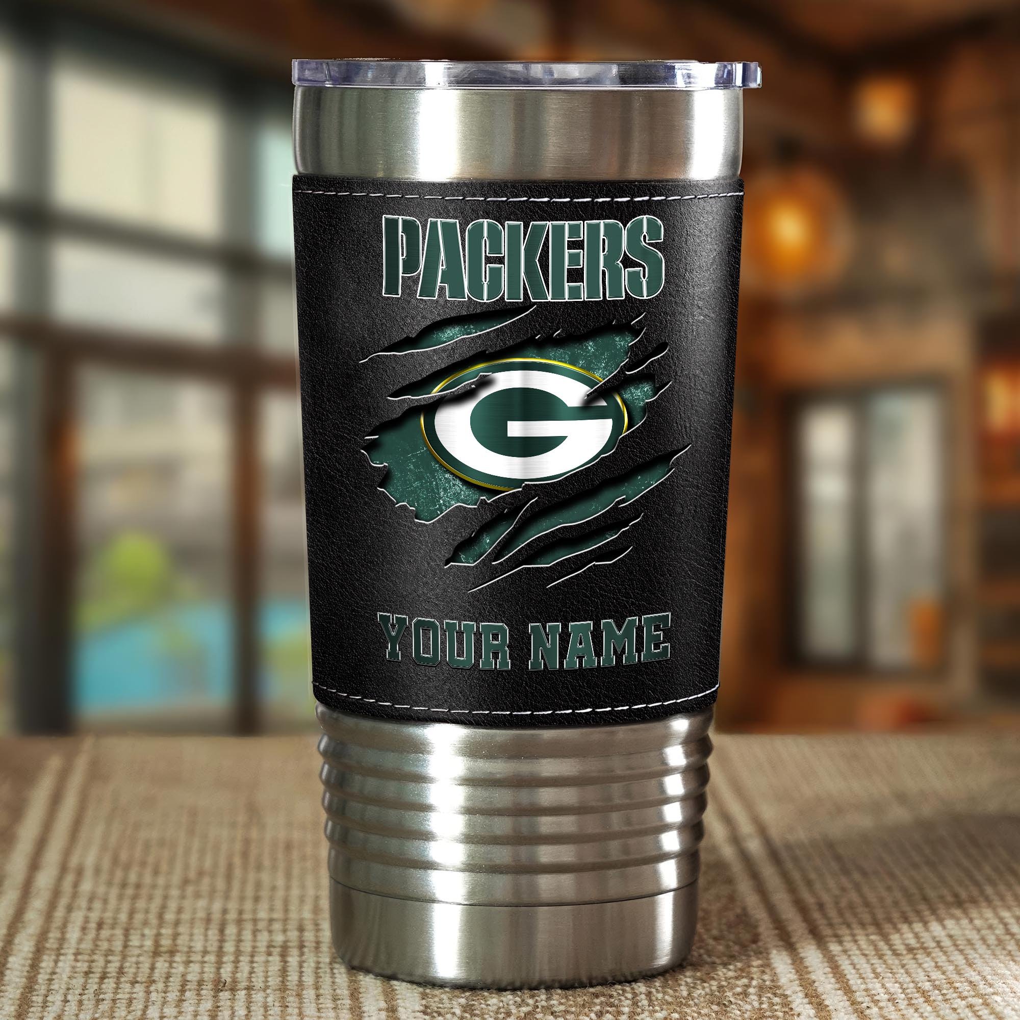 Alternative view of Green Bay Packers 20 Oz Leather Tumbler Custom Your Name, Sport Gift For Fans EHIVM-05222305N