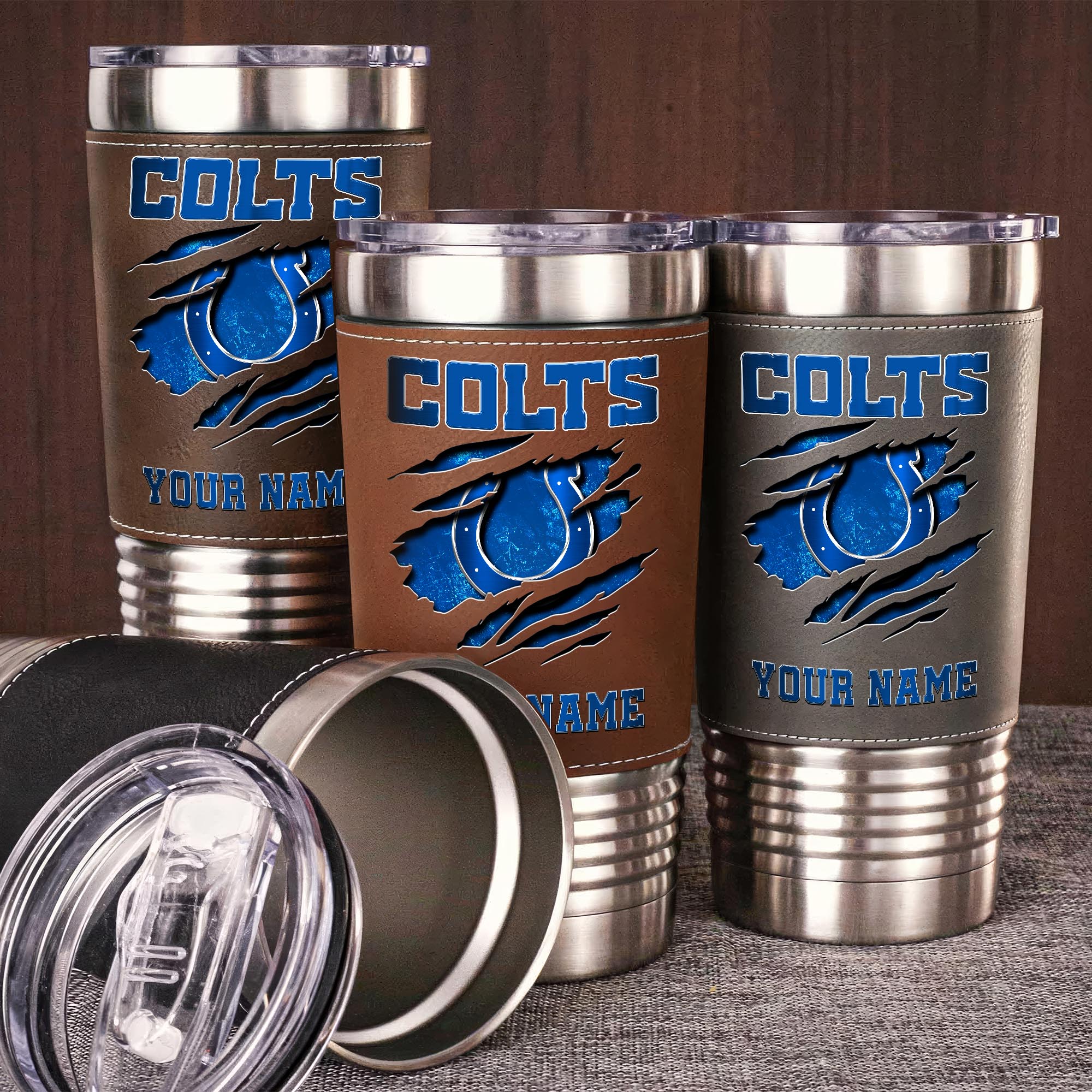 Indianapolis Colts 20 Oz Leather Tumbler Custom Your Name, Sport Gift For Fans EHIVM-05222305N