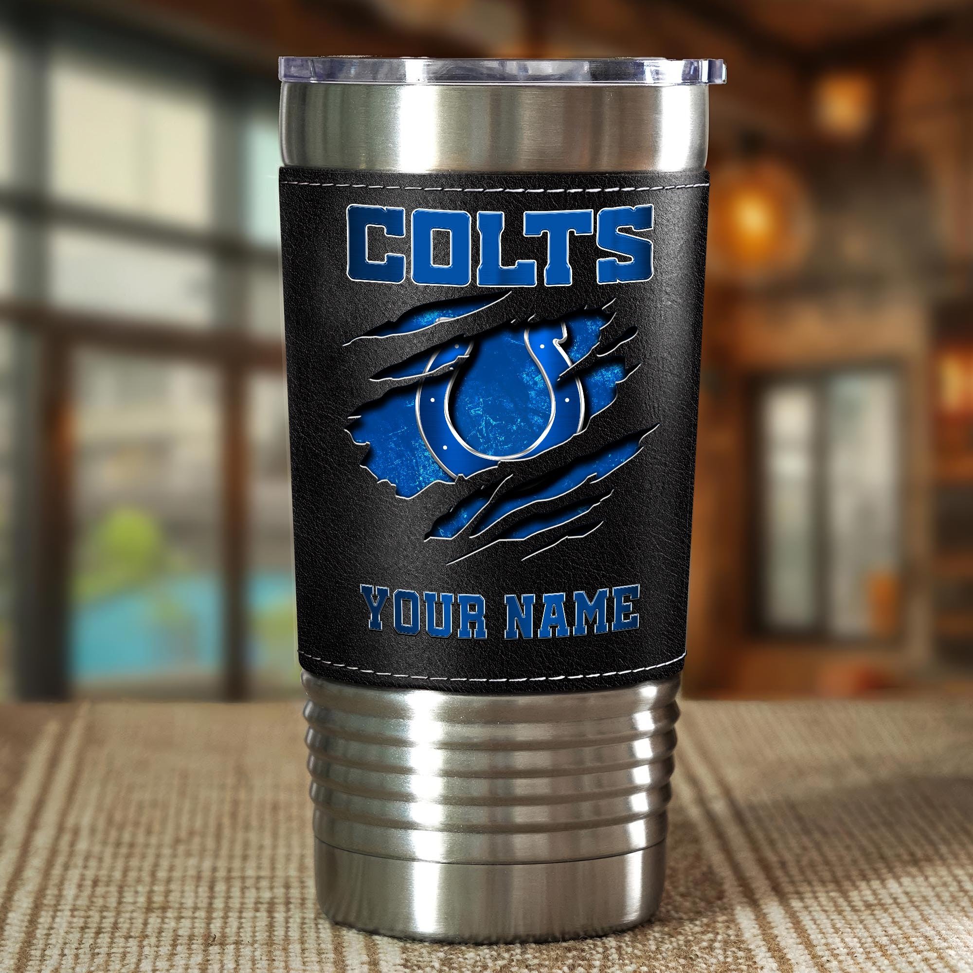 Alternative view of Indianapolis Colts 20 Oz Leather Tumbler Custom Your Name, Sport Gift For Fans EHIVM-05222305N