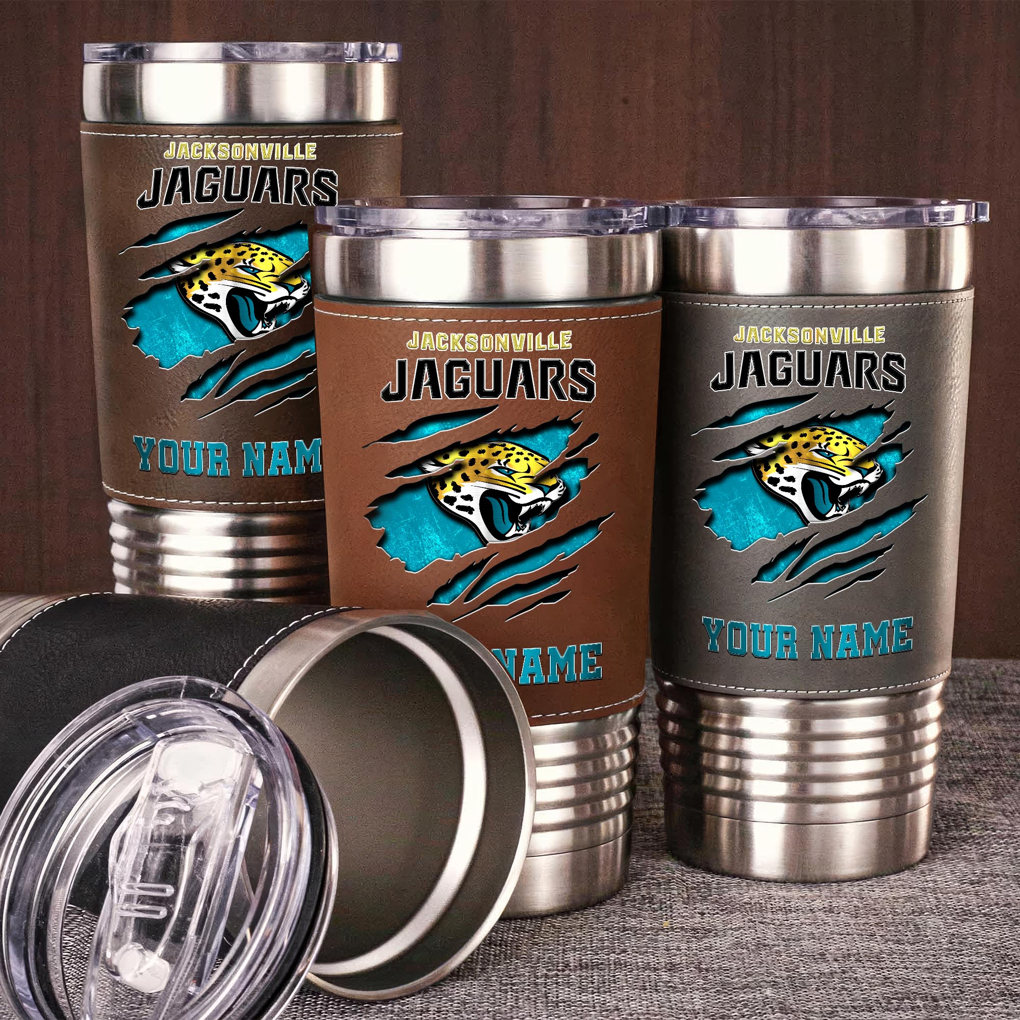 Jacksonville Jaguars 20 Oz Leather Tumbler Custom Your Name, Sport Gift For Fans EHIVM-05222305N