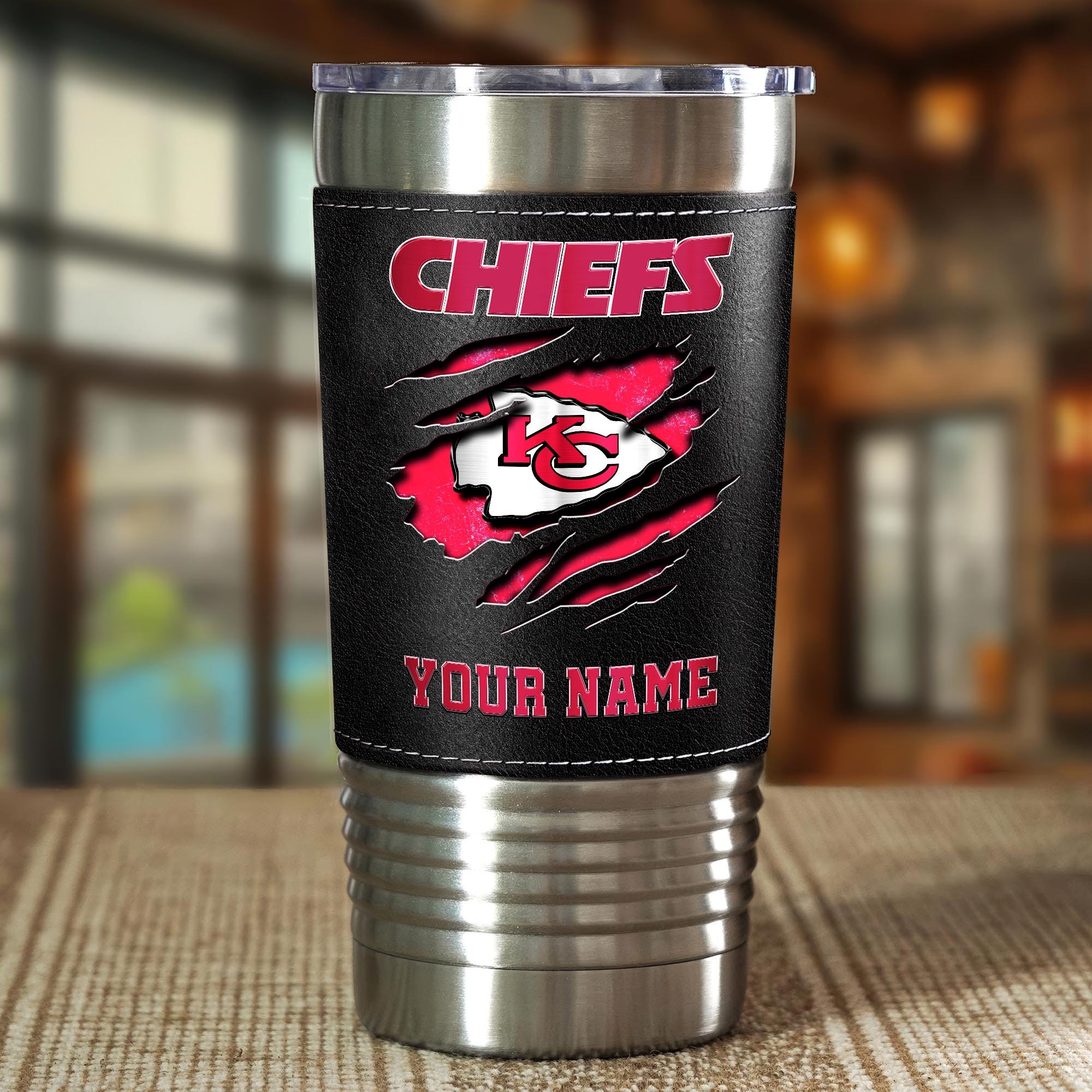 Alternative view of Kansas City Chiefs 20 Oz Leather Tumbler Custom Your Name, Sport Gift For Fans EHIVM-05222305N