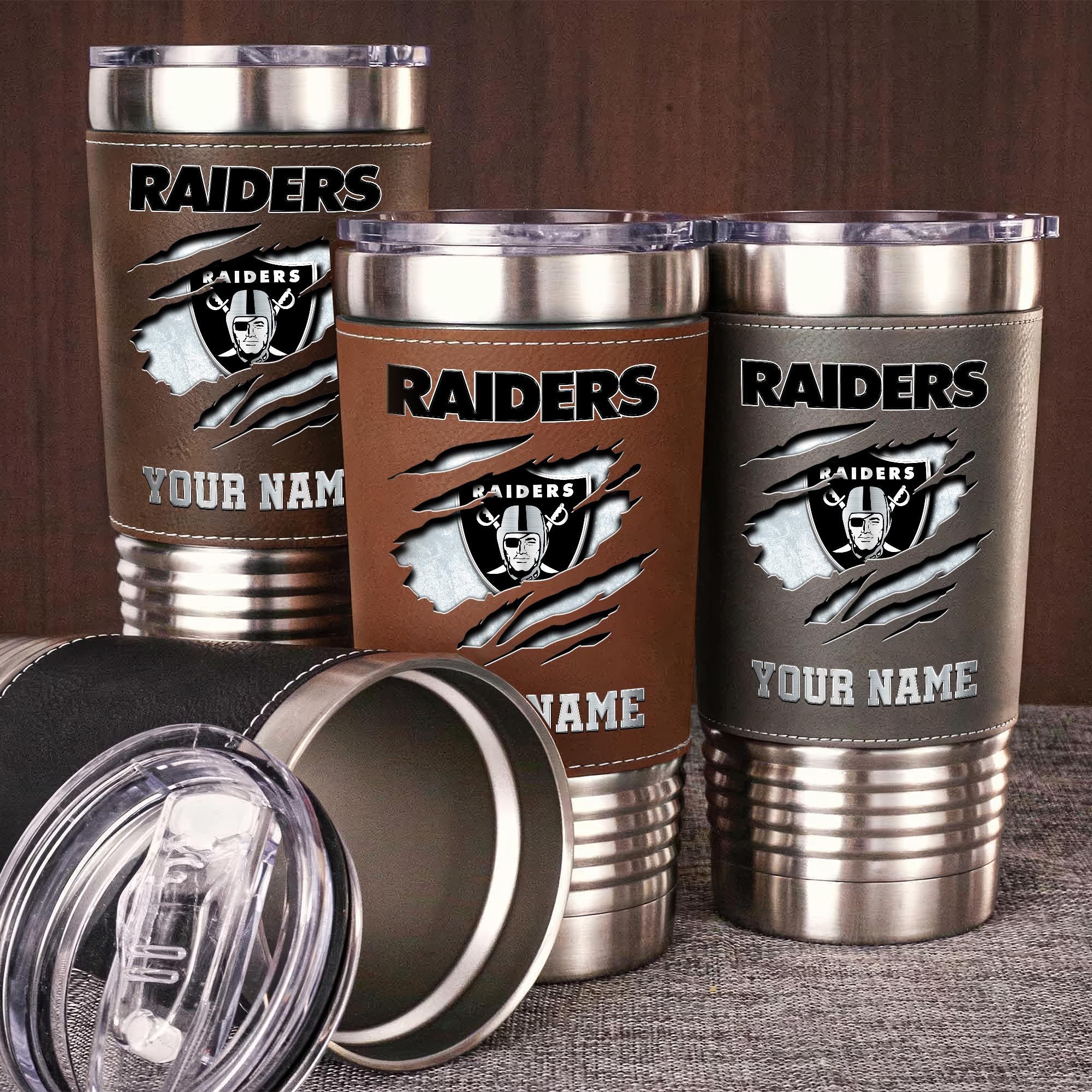 Las Vegas Raiders 20 Oz Leather Tumbler Custom Your Name, Sport Gift For Fans EHIVM-05222305N