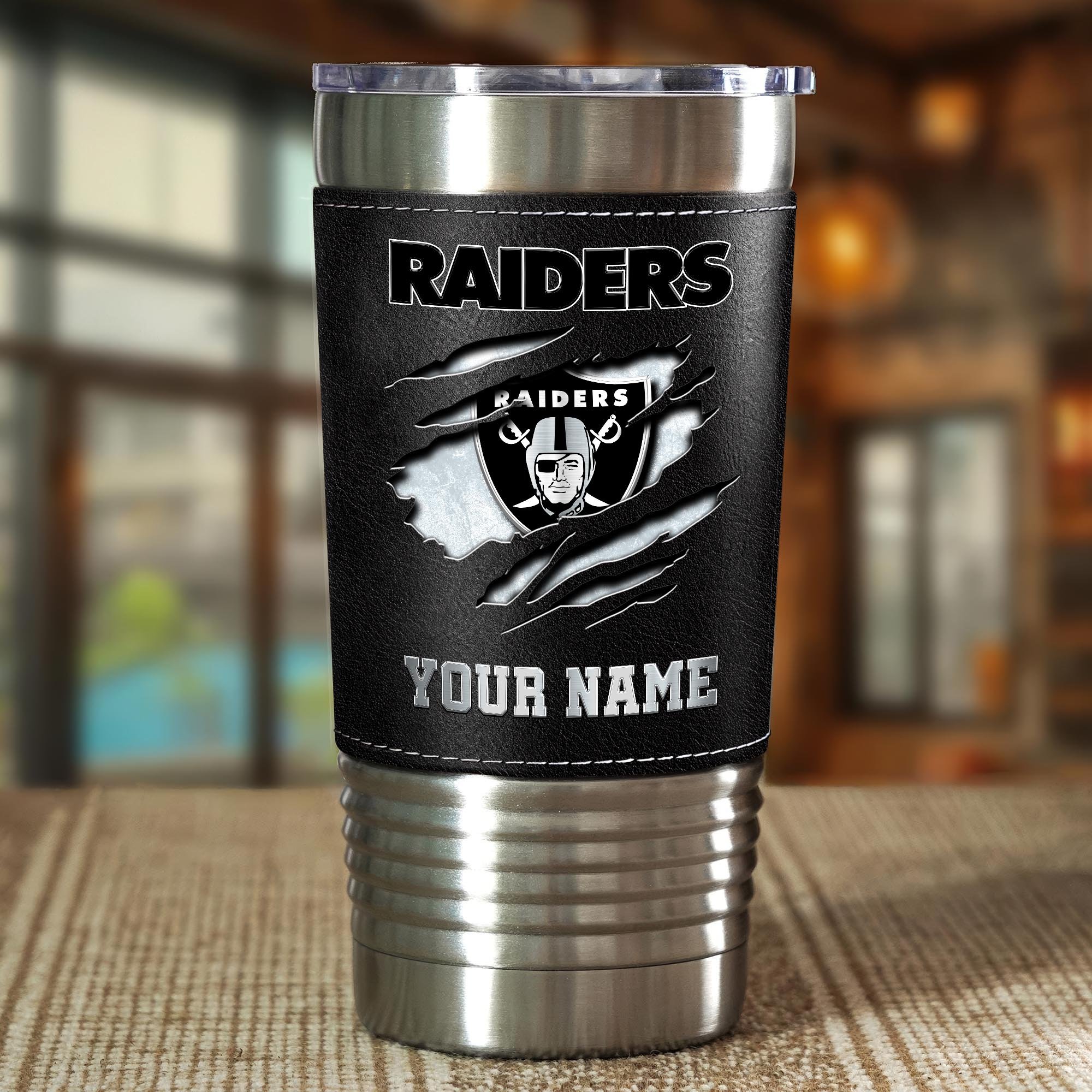 Alternative view of Las Vegas Raiders 20 Oz Leather Tumbler Custom Your Name, Sport Gift For Fans EHIVM-05222305N