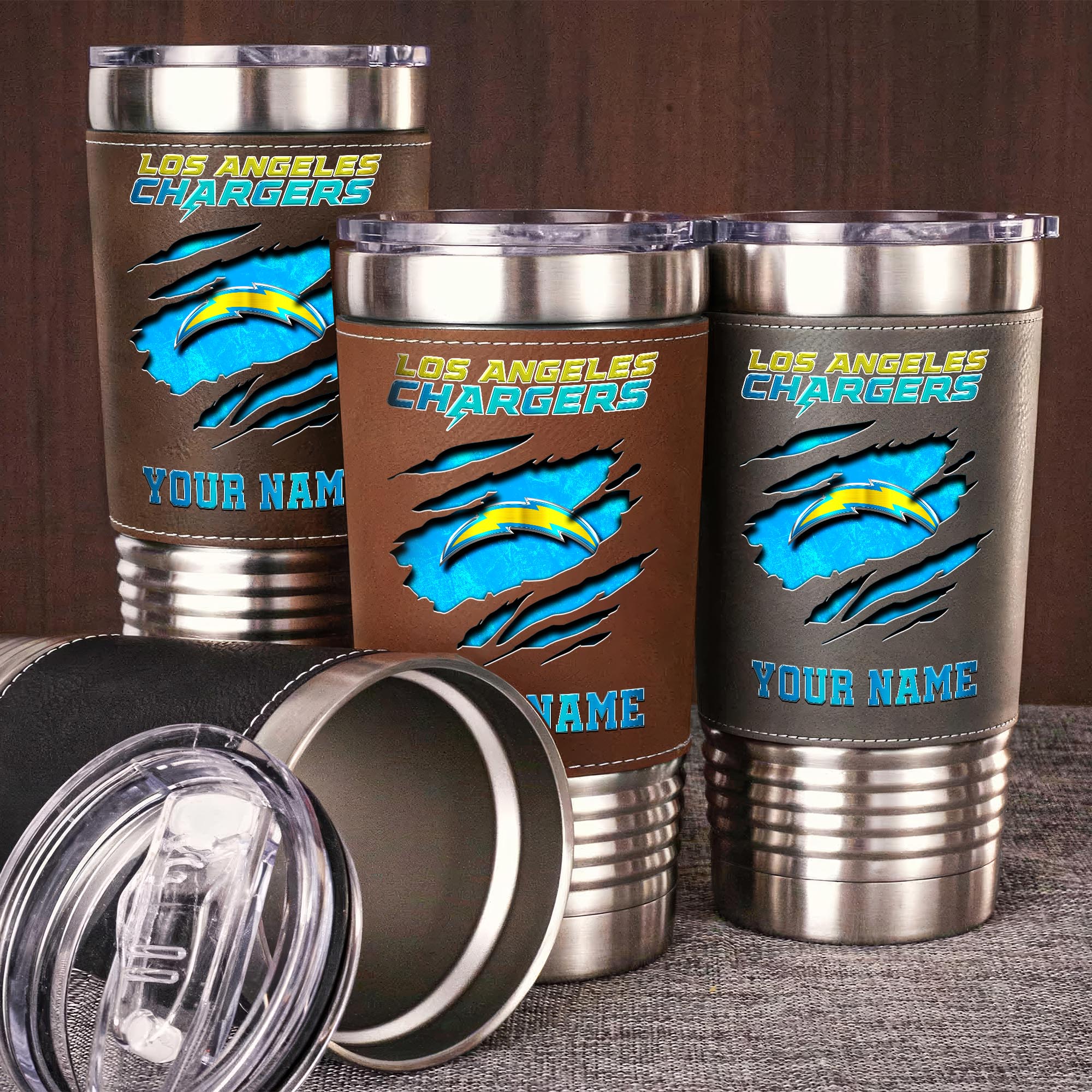 Los Angeles Chargers 20 Oz Leather Tumbler Custom Your Name, Sport Gift For Fans EHIVM-05222305N