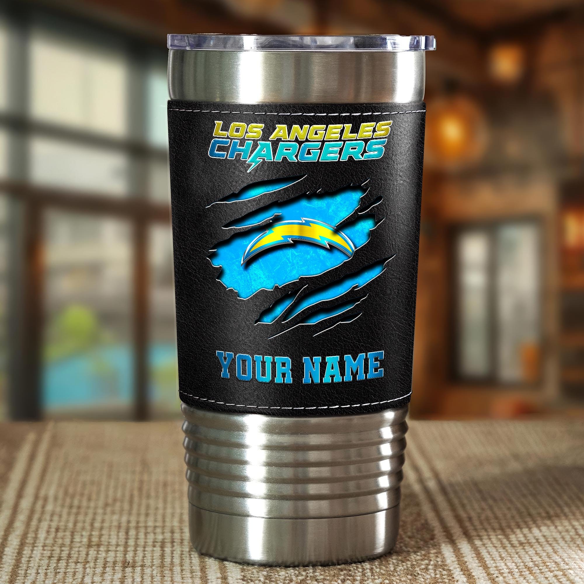 Alternative view of Los Angeles Chargers 20 Oz Leather Tumbler Custom Your Name, Sport Gift For Fans EHIVM-05222305N