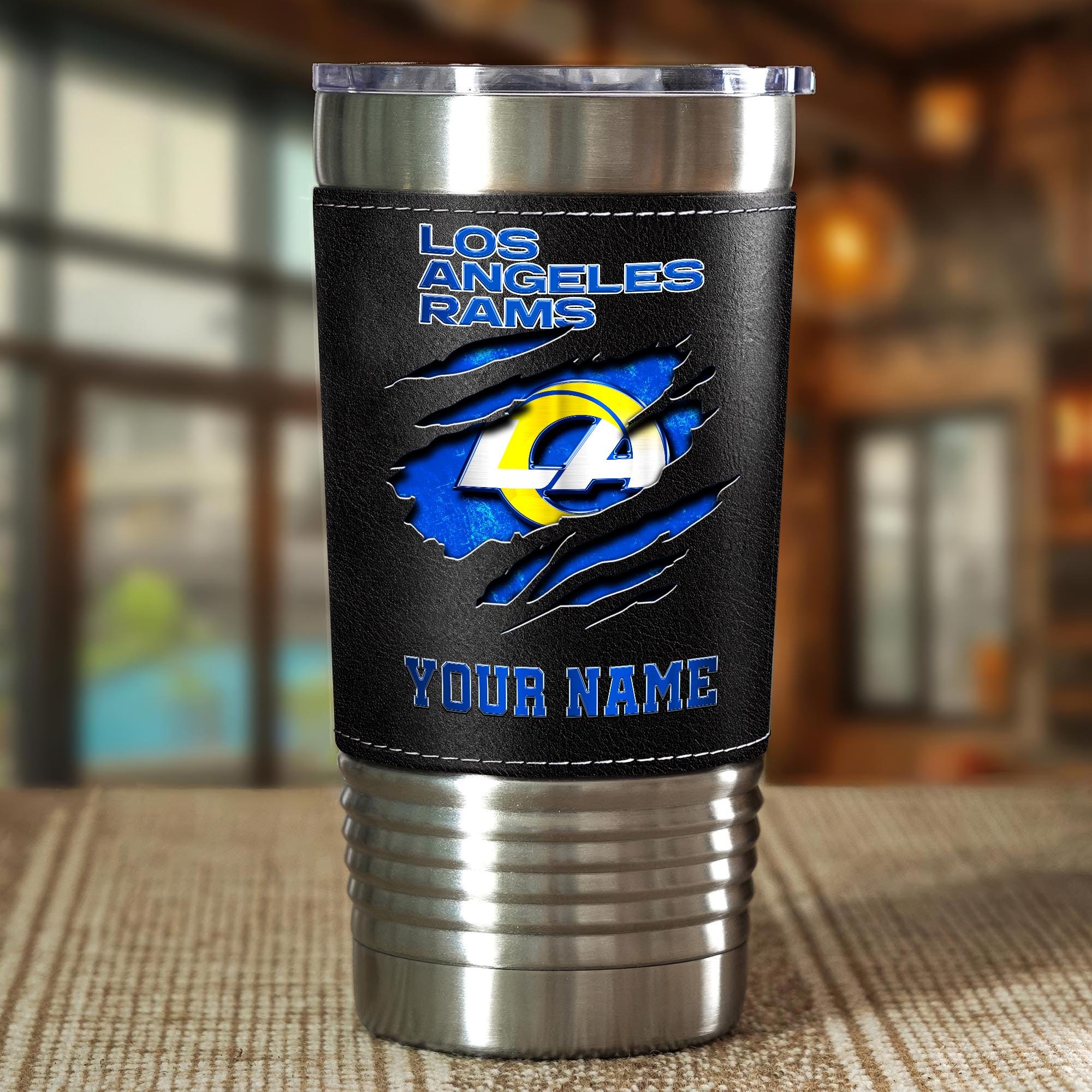 Alternative view of Los Angeles Rams 20 Oz Leather Tumbler Custom Your Name, Sport Gift For Fans EHIVM-05222305N