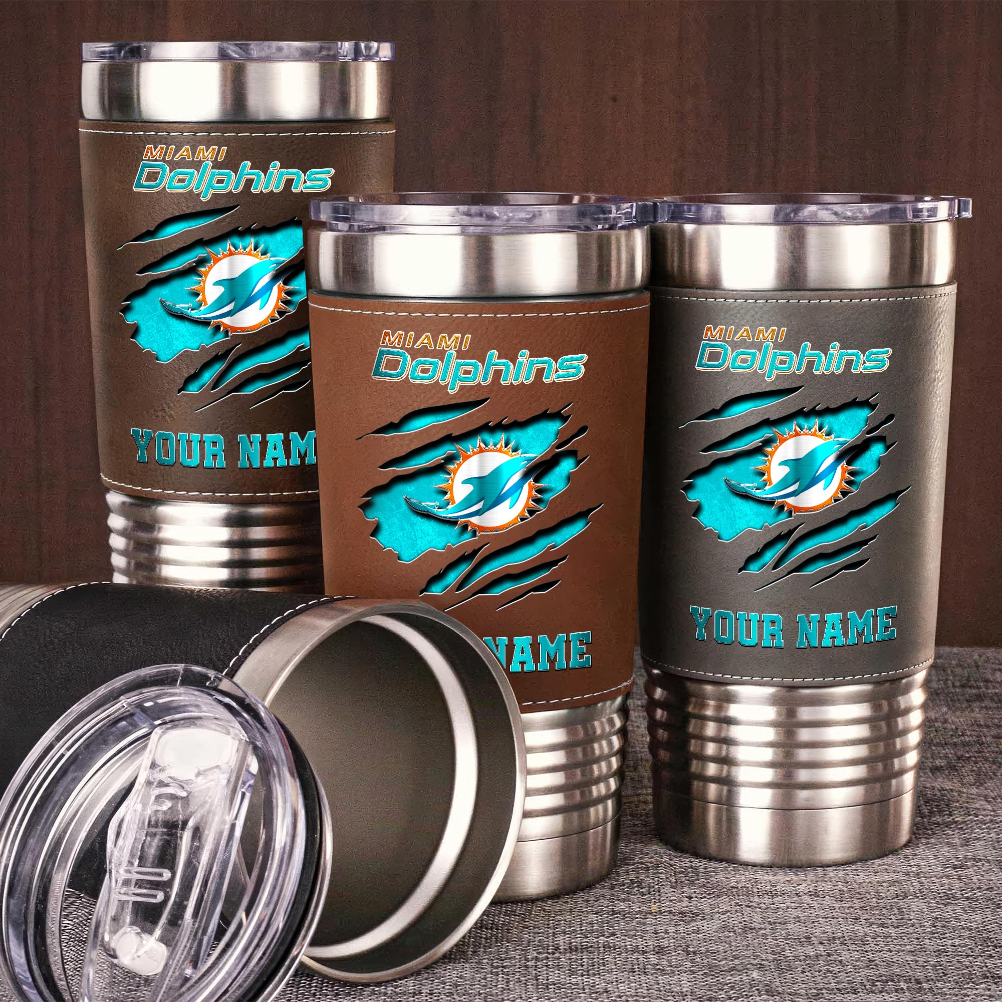 Miami Dolphins 20 Oz Leather Tumbler Custom Your Name, Sport Gift For Fans EHIVM-05222305N