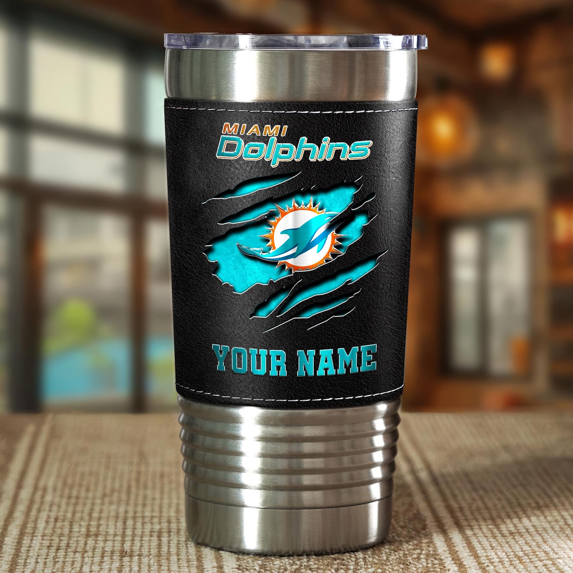 Alternative view of Miami Dolphins 20 Oz Leather Tumbler Custom Your Name, Sport Gift For Fans EHIVM-05222305N