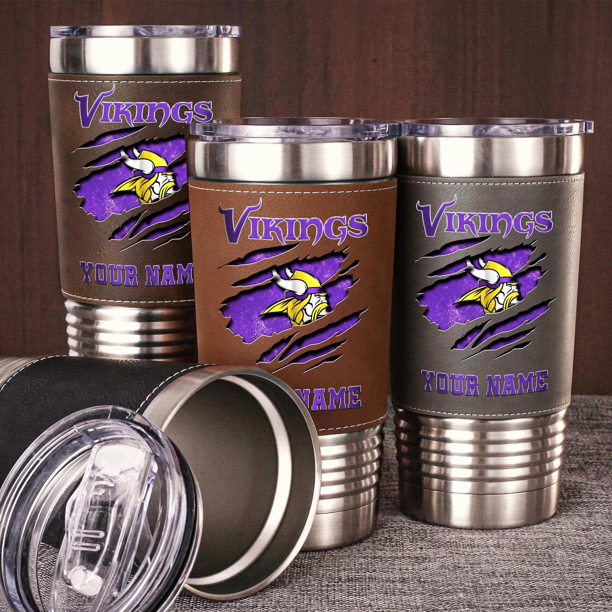 Minnesota Vikings 20 Oz Leather Tumbler Custom Your Name, Sport Gift For Fans EHIVM-05222305N