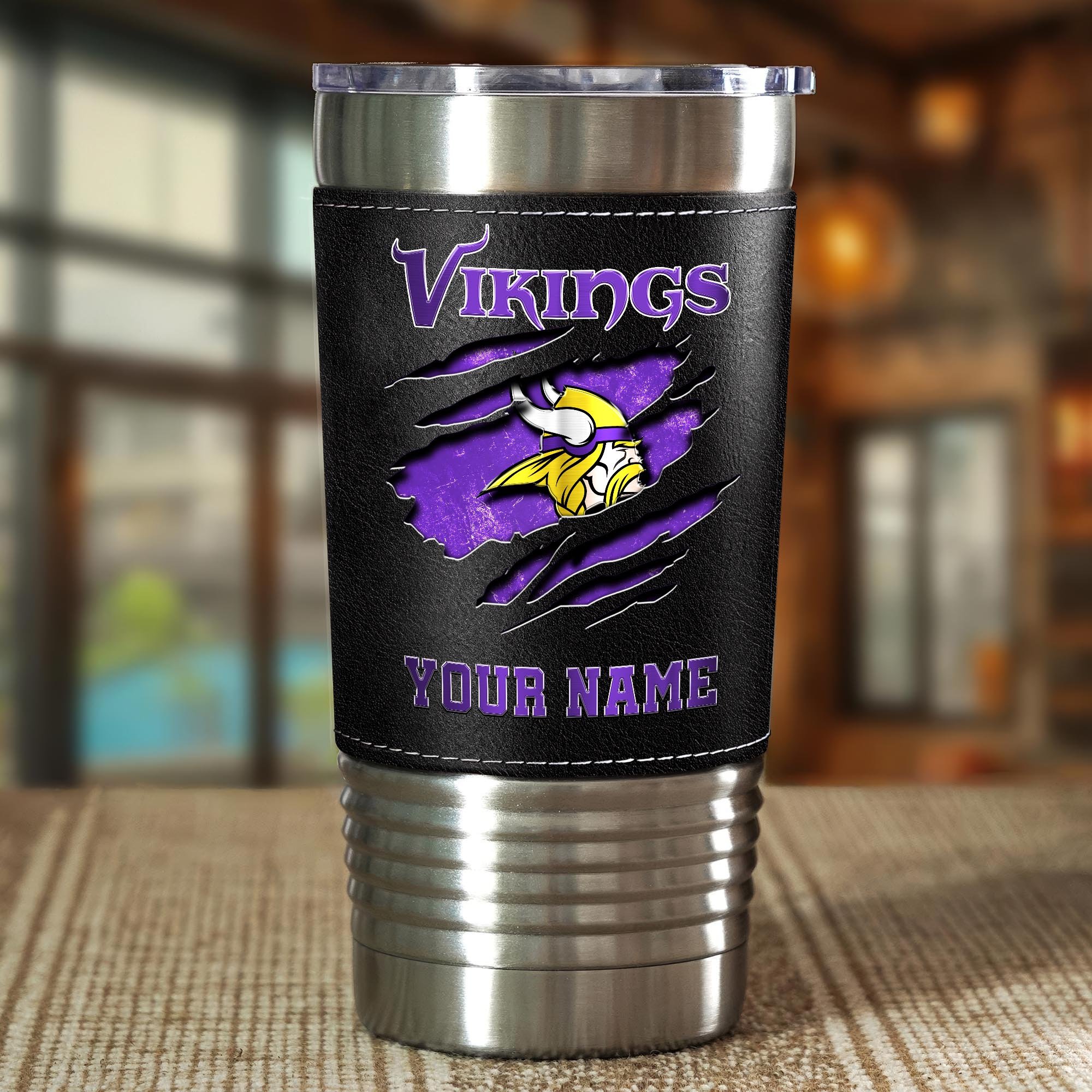 Alternative view of Minnesota Vikings 20 Oz Leather Tumbler Custom Your Name, Sport Gift For Fans EHIVM-05222305N