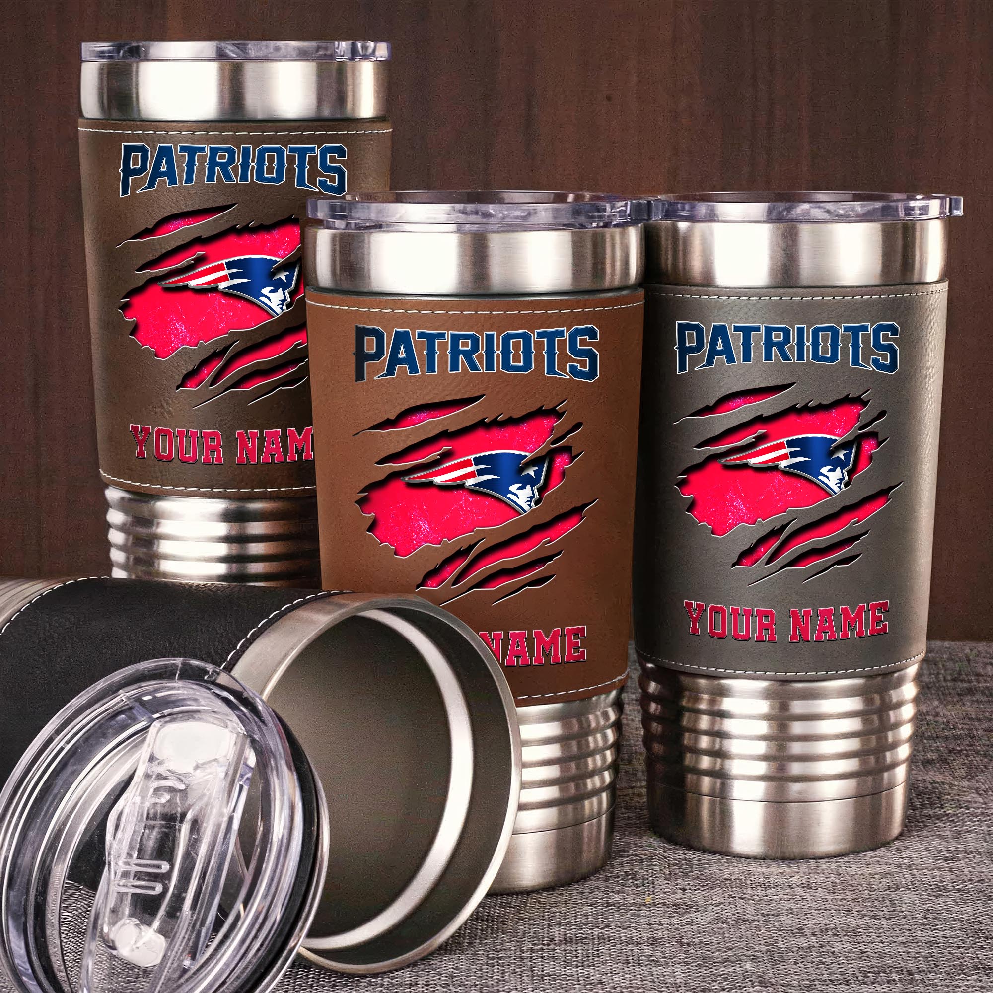 New England Patriots 20 Oz Leather Tumbler Custom Your Name, Sport Gift For Fans EHIVM-05222305N