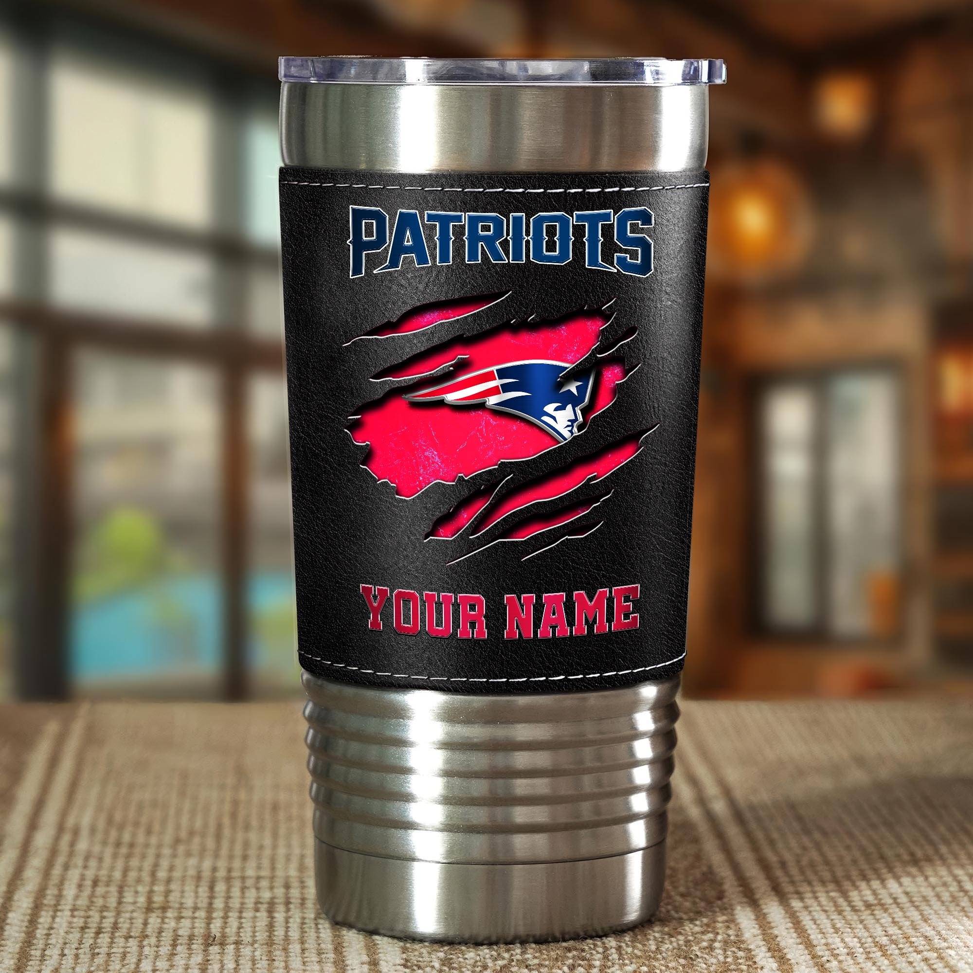 Alternative view of New England Patriots 20 Oz Leather Tumbler Custom Your Name, Sport Gift For Fans EHIVM-05222305N